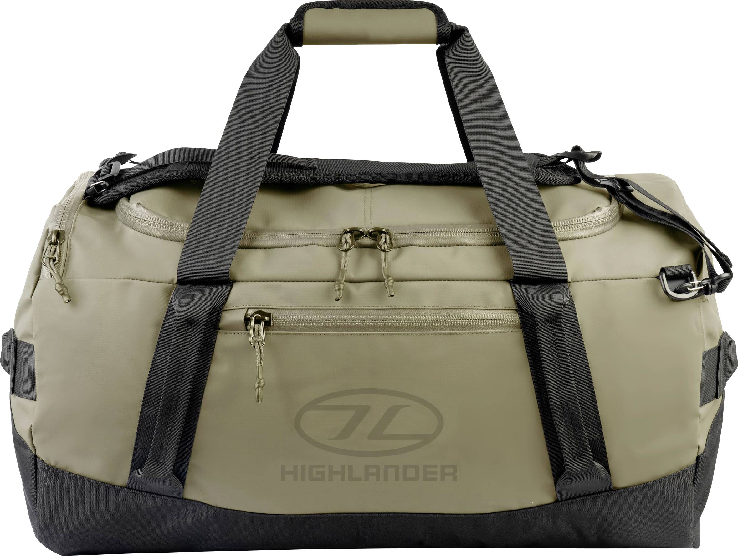 Eine beige und schwarze Reisetasche mit 