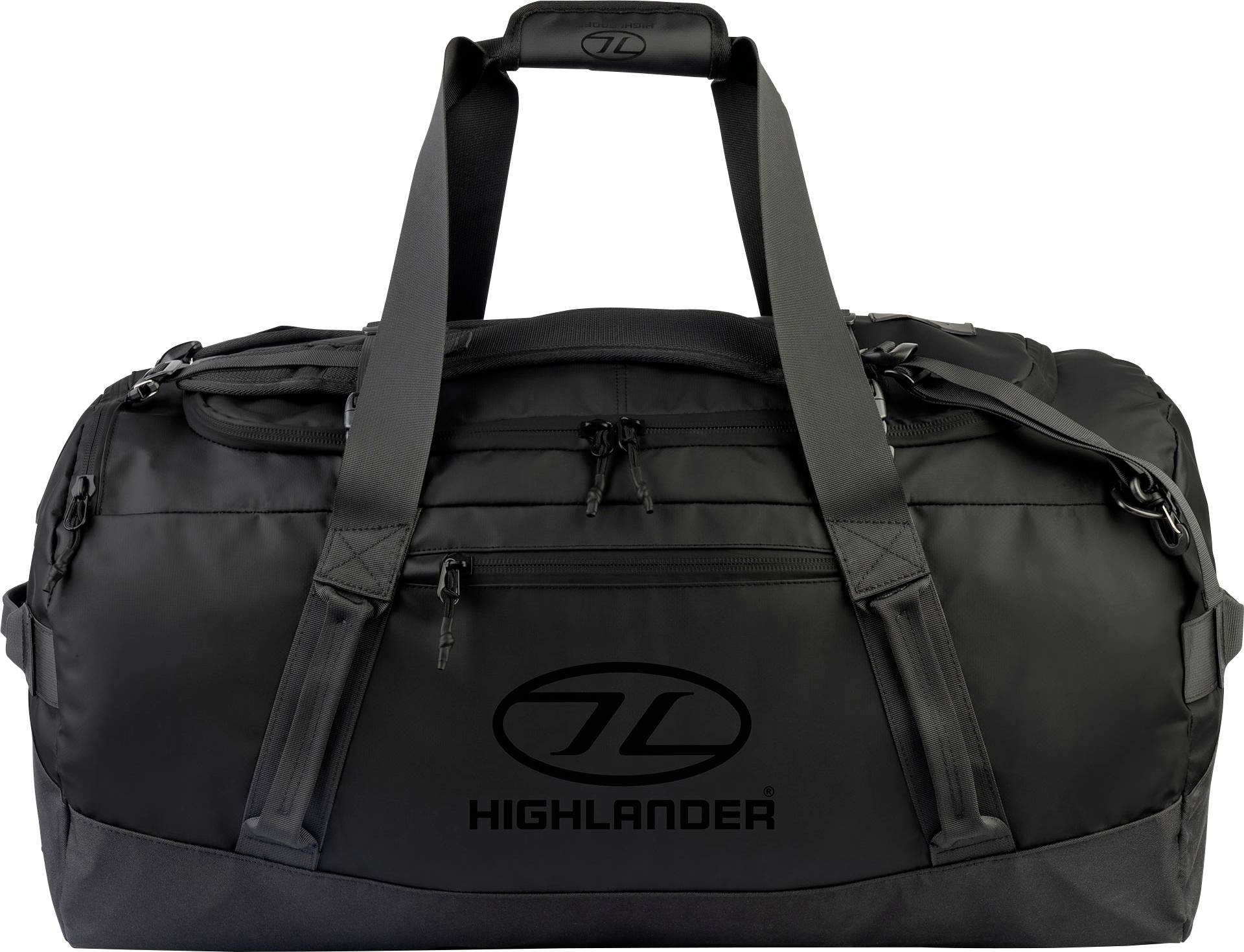 Eine schwarze Highlander-Reisetasche mit Doppelgriffen und einer verschlossenen Vordertasche mit Reißverschluss, mit dem Highlander-Logo auf der Vorderseite.