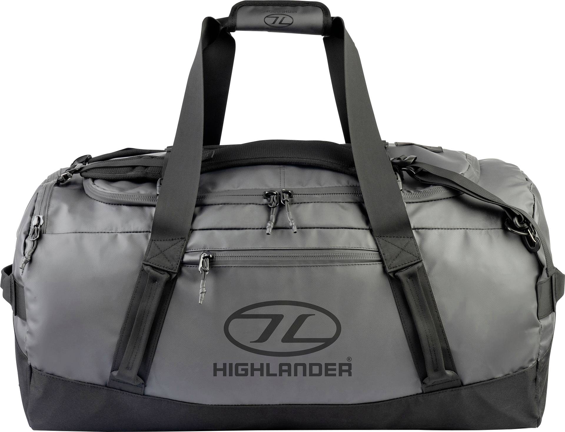 Eine große graue Reisetasche mit schwarzen Riemen und dem Logo „Highlander
