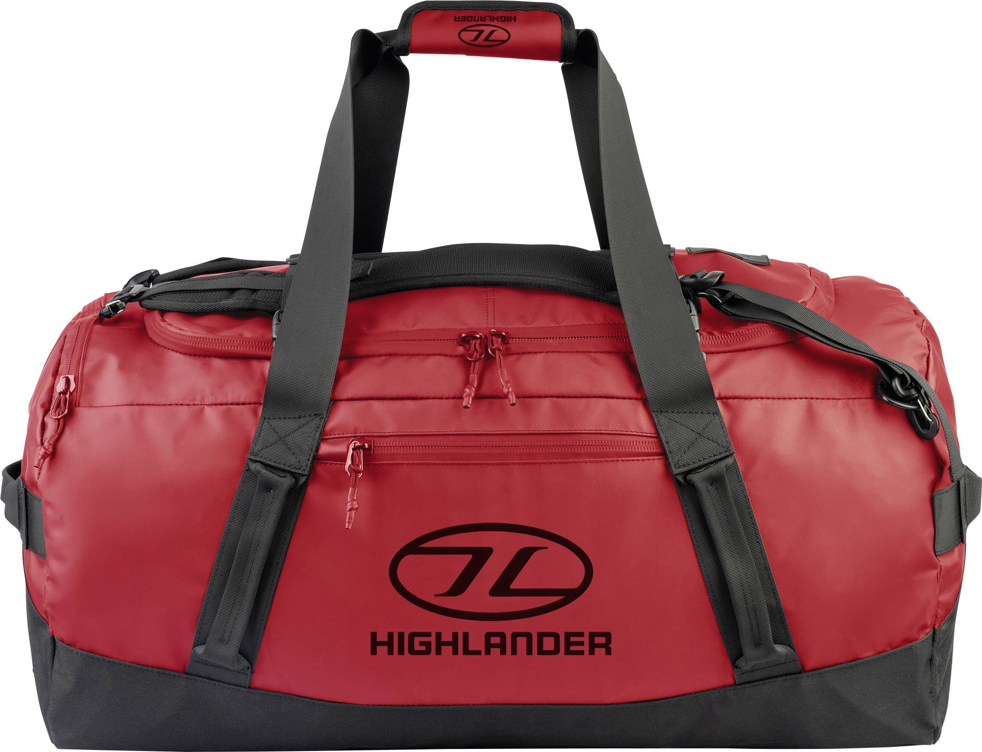 Eine rote Reisetasche mit schwarzen Riemen, die das Logo und die Markenbezeichnung 