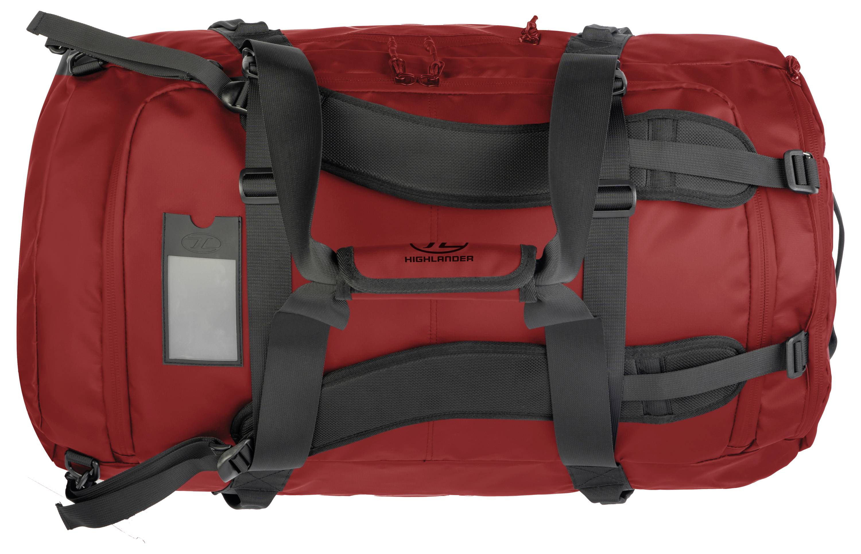 Eine rote Reisetasche mit schwarzen Riemen und einer durchsichtigen Tasche, entworfen für robuste Nutzung.