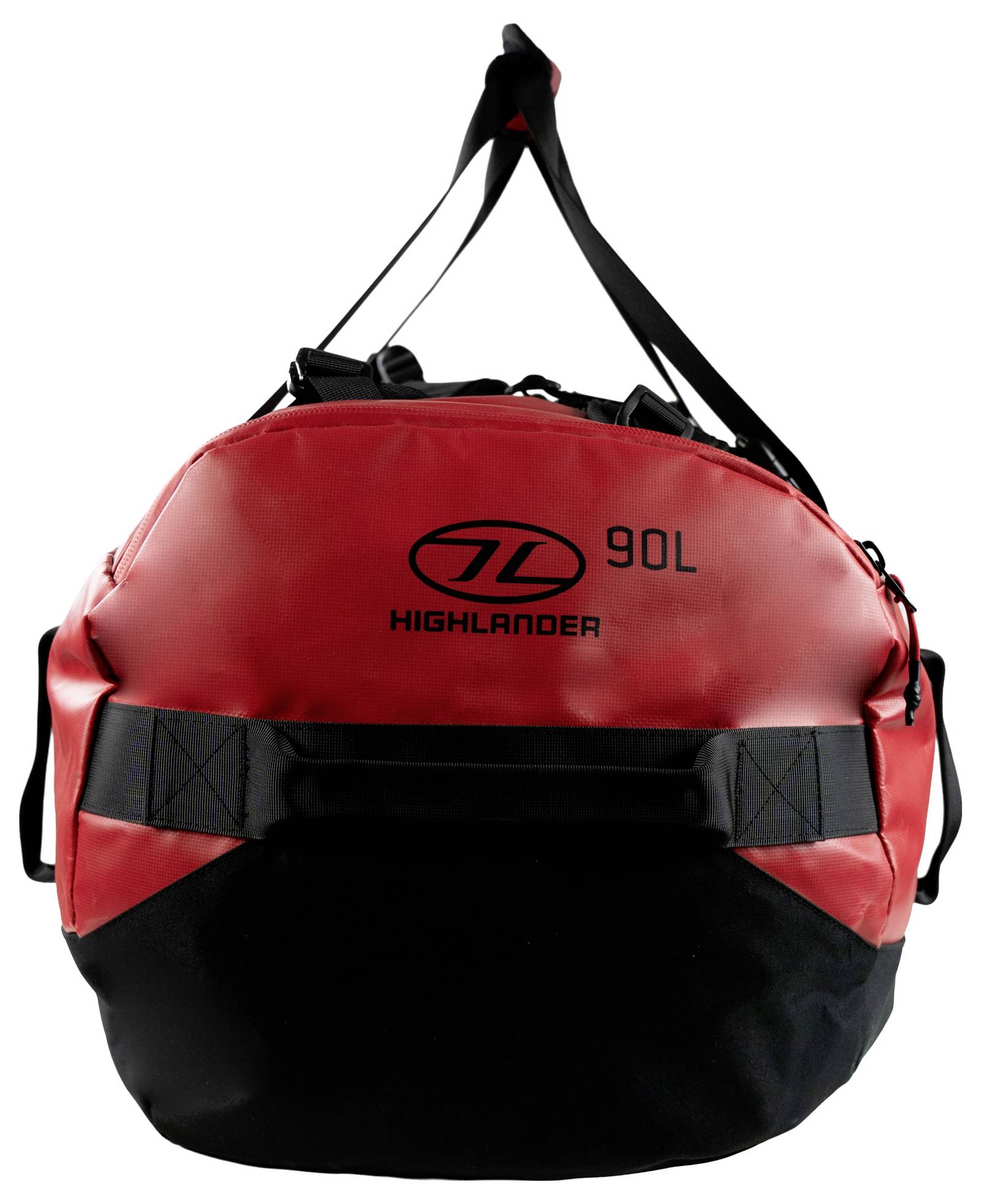 Eine rote Reisetasche mit schwarzen Riemen, mit einem großen Hauptfach und kleineren Seitentaschen, zum Transportieren von Ausrüstung auf Reisen.