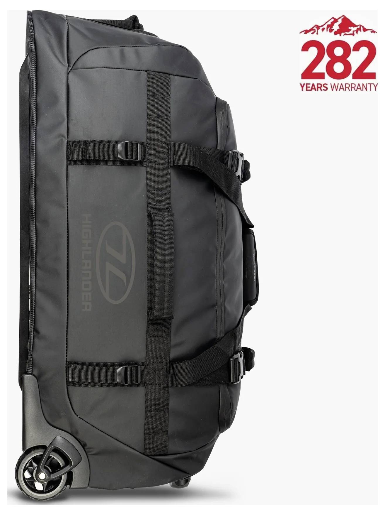 Eine große schwarze Reisetasche mit Rädern und dem Markennamen 