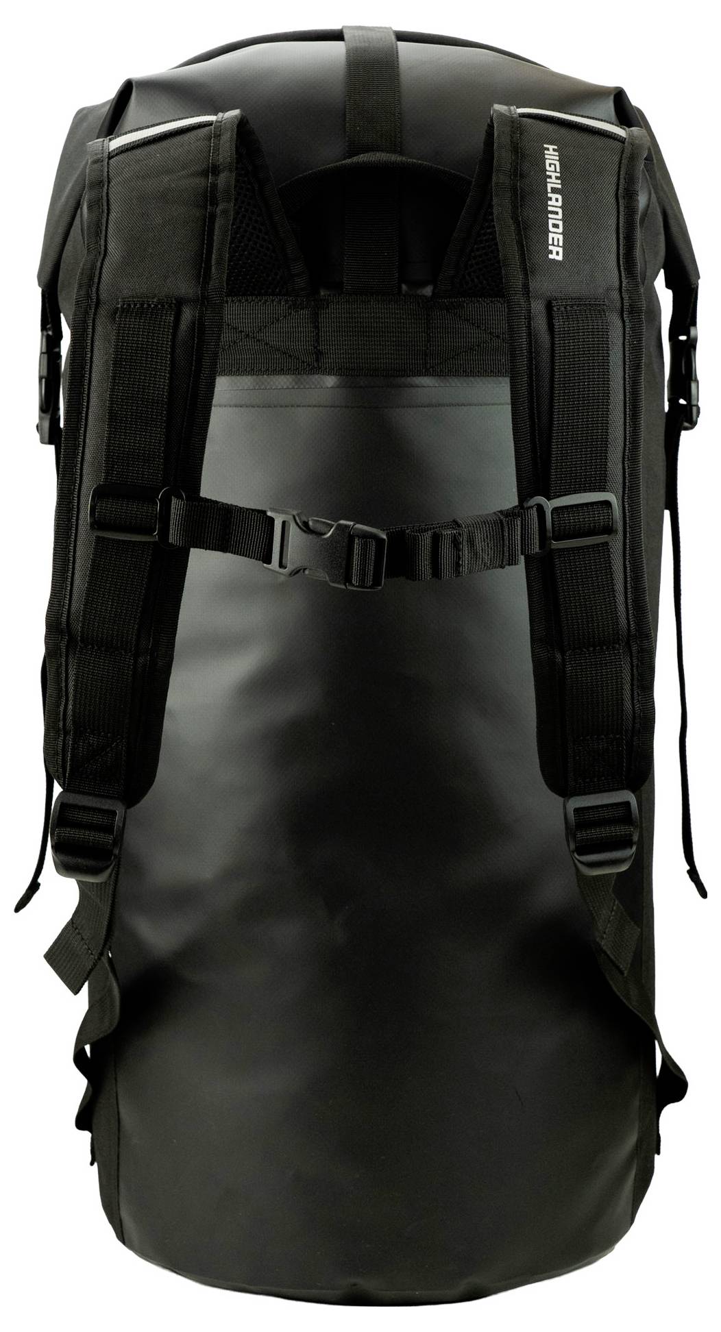 Ein großer schwarzer wasserdichter Rucksack mit gepolsterten Schultergurten, vorderer Schnalle und Seitengurten zur sicheren Befestigung. Geeignet für den Außeneinsatz.