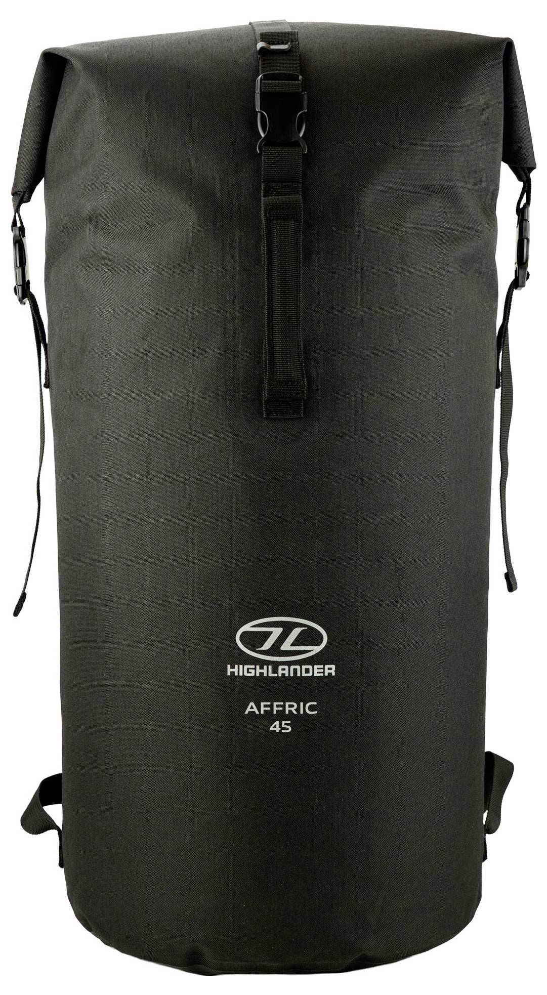 Blauer und schwarzer Wanderrucksack mit Schulter- und Brustgurten, mit der Marke „Highlander