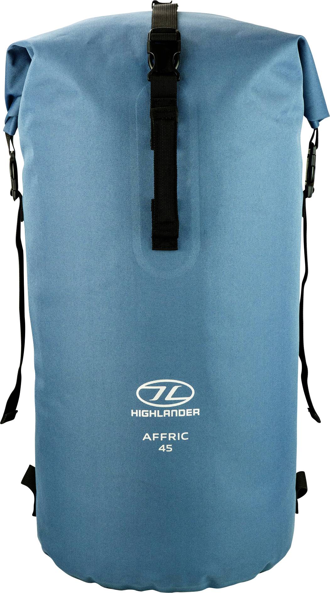 Ein blauer Highlander Affric 45-Liter wasserdichter Rucksack mit Rollverschluss und Seitenschnallen, entwickelt für Outdoor-Aktivitäten und Ausrüstungsschutz.