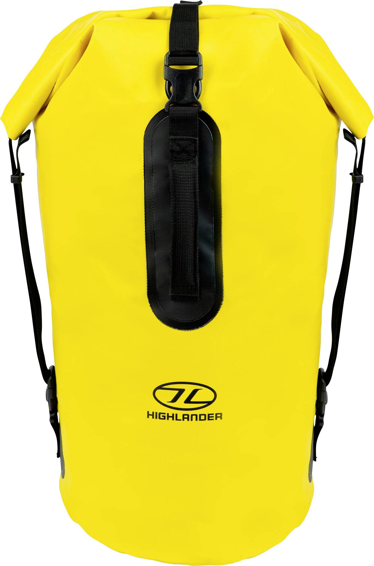 Ein leuchtend gelber wasserdichter Wanderrucksack mit schwarzen Riemen und dem auf der Vorderseite aufgedruckten Logo „Highlander