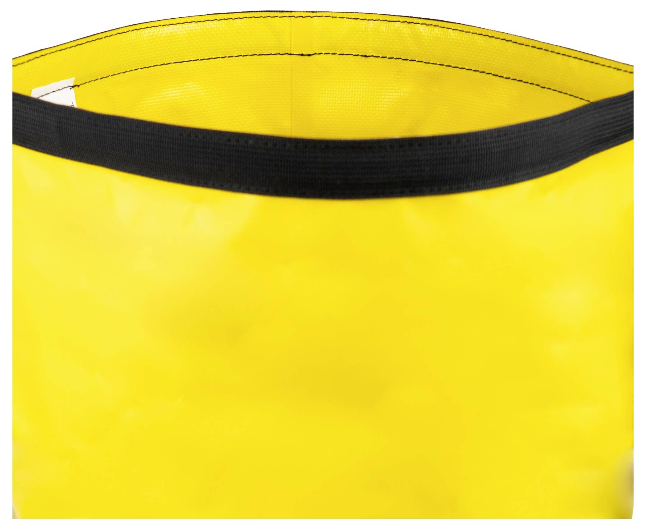 Ein leuchtend gelber zylindrischer Behälter mit schwarzem Rand, möglicherweise ein robuster Eimer oder eine Tasche, von oben gezeigt zur Lagerung oder zum Transport.