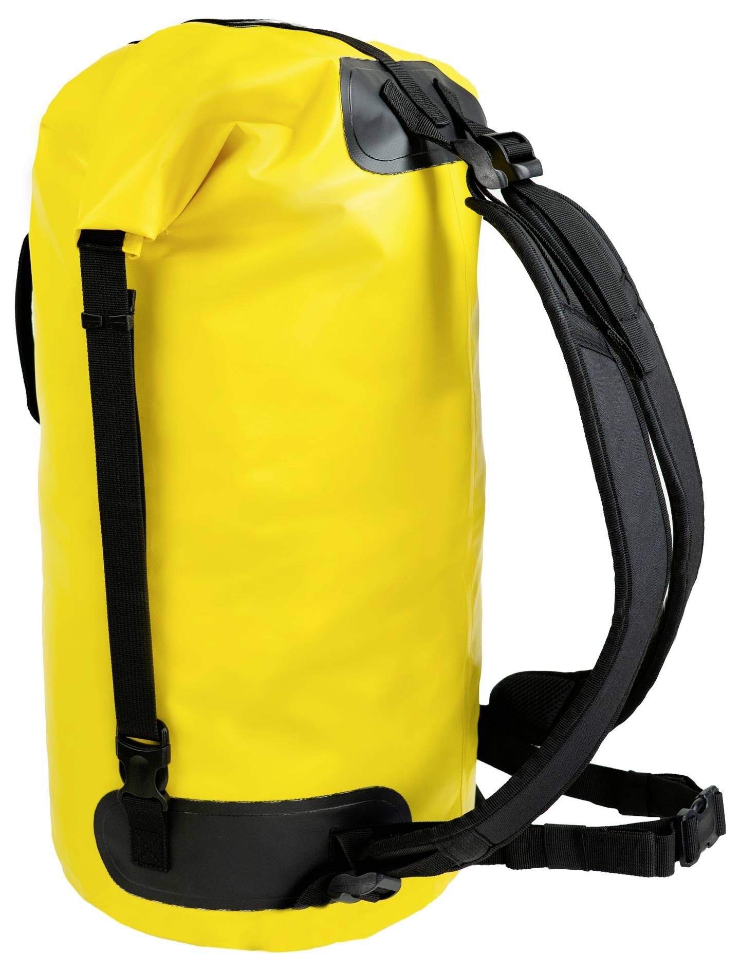 Ein großer gelber wasserdichter Rucksack mit schwarzen Riemen, mit dem 