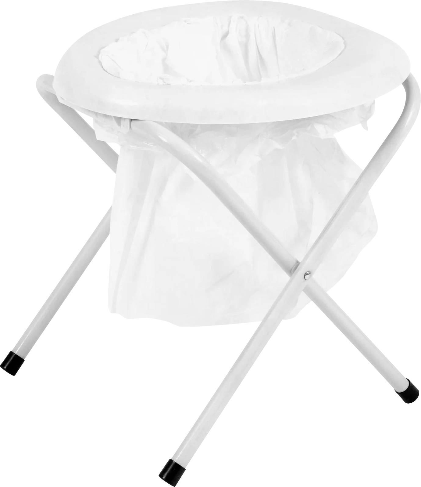 Ein weißer zusammenklappbarer Müllsackhalter mit rundem Rahmen und angebrachtem offenem Sack, gestützt durch gekreuzte Metallbeine mit schwarzen Gummispitzen.