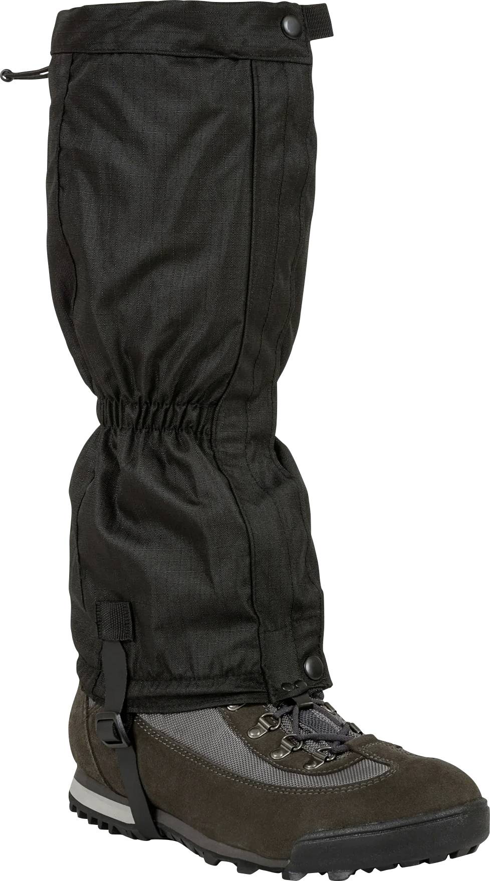 Eine schwarze Gamasche bedeckt einen Wanderstiefel und ist für den Außeneinsatz konzipiert. Sie bietet Schutz vor Schmutz und Feuchtigkeit beim Wandern.