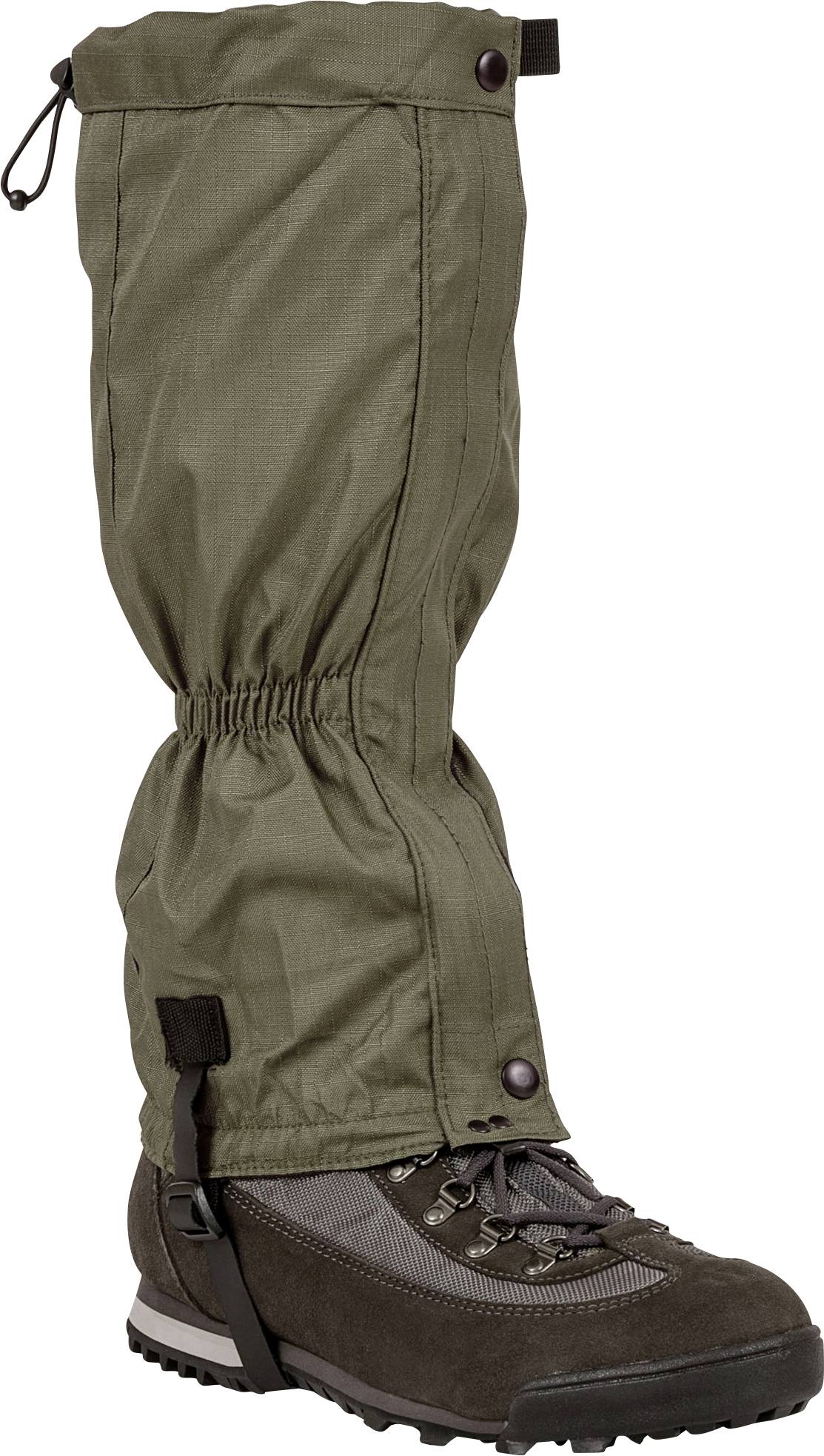 Eine grüne Gamasche bedeckt den oberen Teil eines Wanderstiefels und bietet Schutz vor Schmutz und Trümmern, mit verstellbaren Riemen und Verschlüssen.
