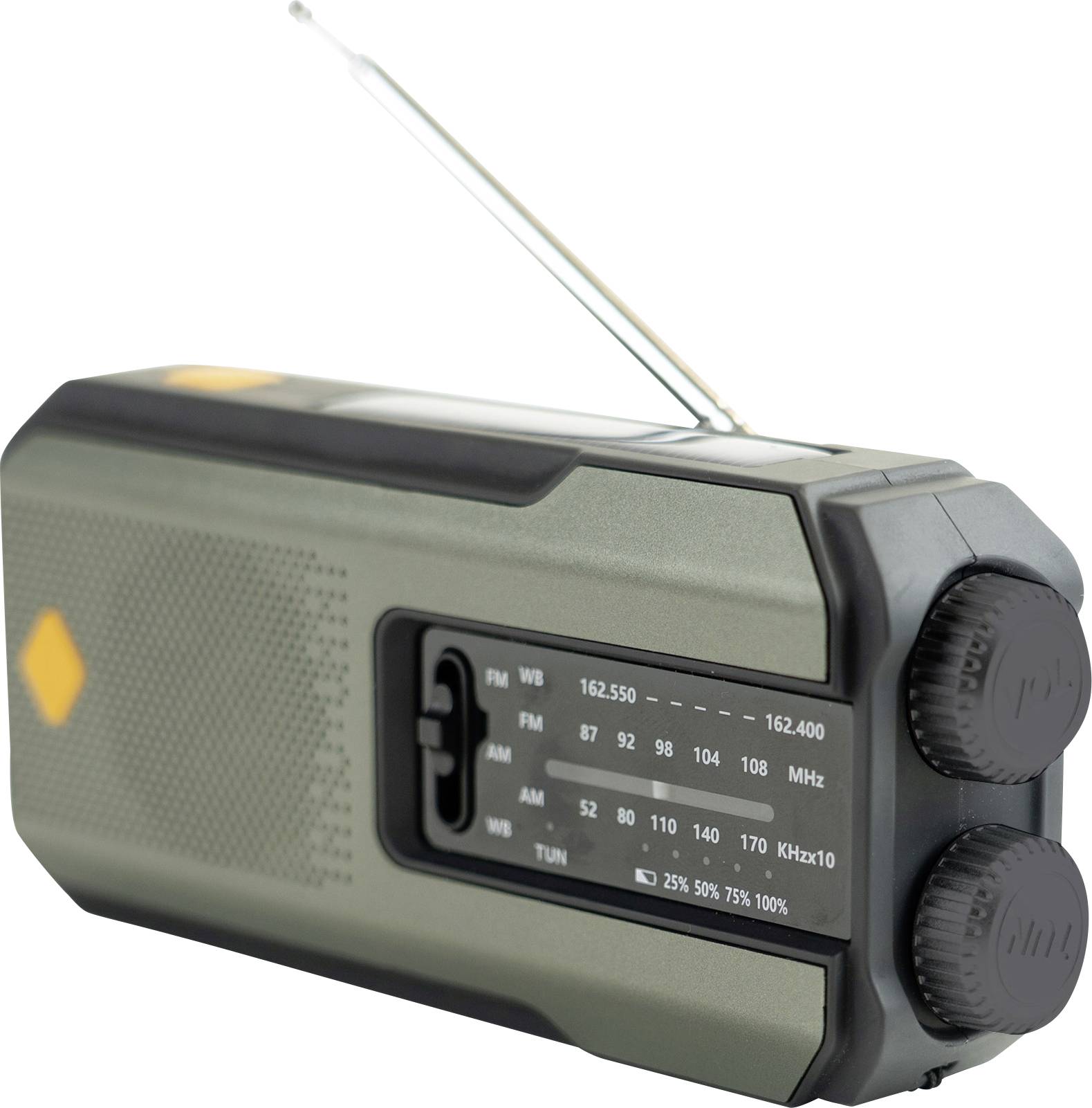 Ein kompaktes, tragbares Handfernsehgerät mit ausfahrbarer Antenne, ausgestattet mit Abstimmungs- und Lautstärkereglern. Das Display zeigt FM/AM-Kanäle an.