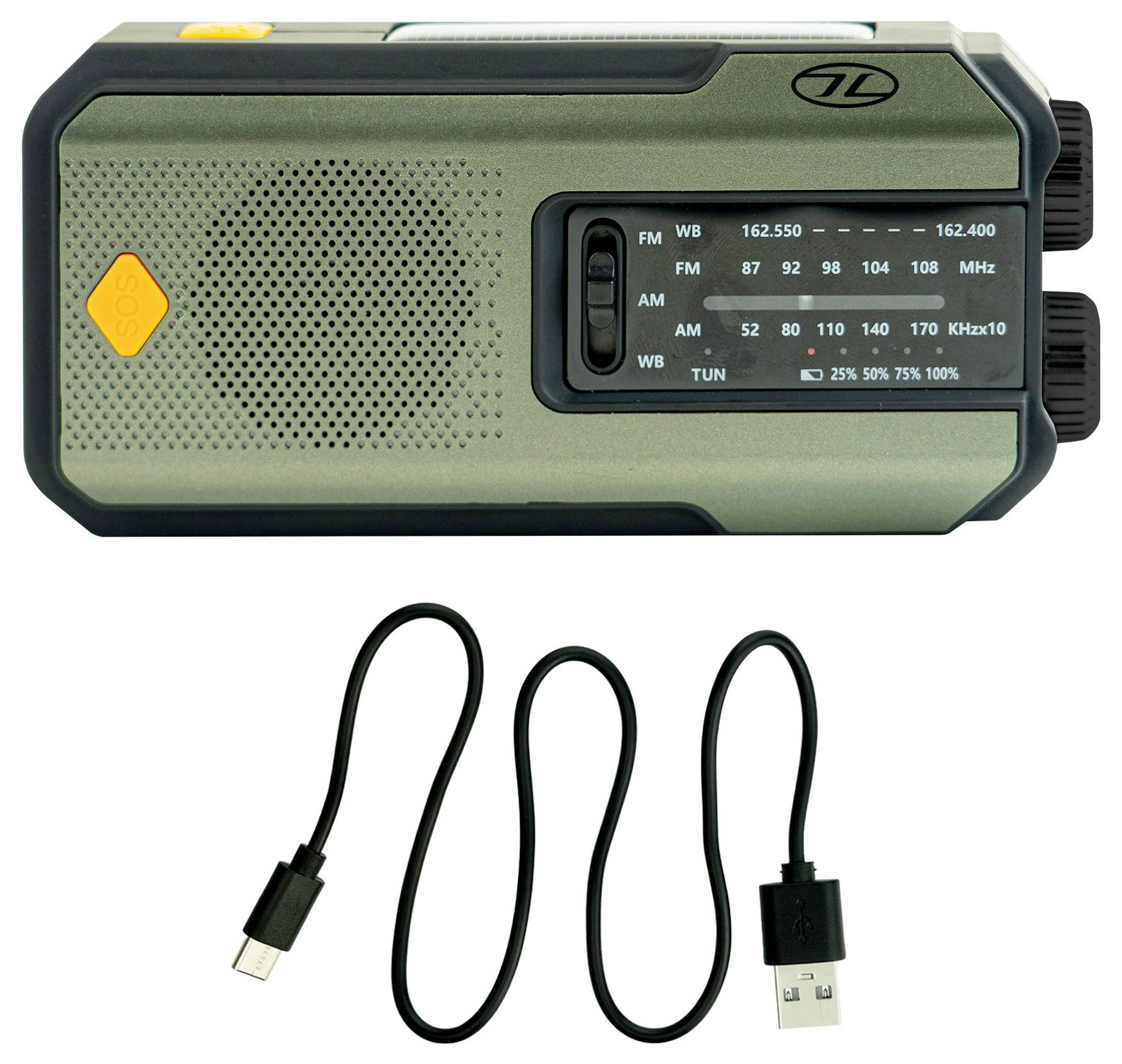 Ein tragbares Notfallradio mit Handkurbel, Solarpanel und USB-Ladekabel. Es verfügt über AM/FM-Bänder und eine Taschenlampe.