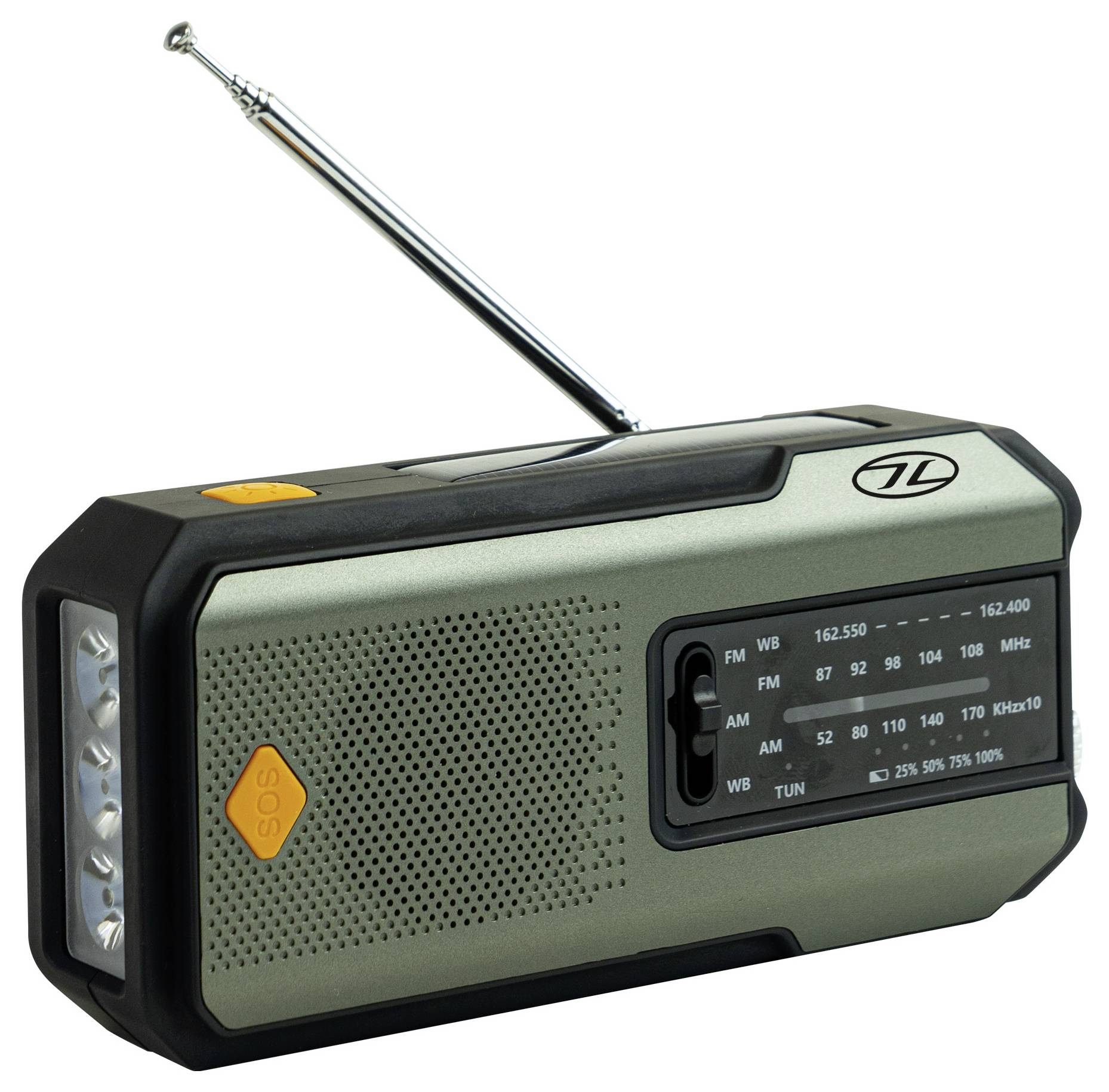„Tragbares Notfallradio mit ausziehbarer Antenne, Taschenlampe an der Seite, Abstimmungs- und Frequenzmarkierungen auf der Frontplatte.