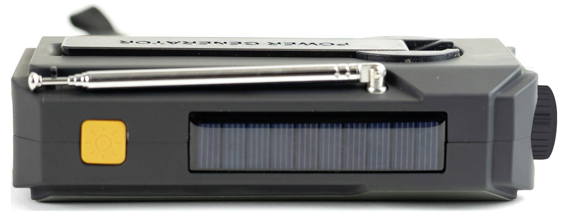 Rechteckiger schwarzer Stromgenerator mit Solarpanel, orangem Knopf und ausziehbarer silberner Antenne, entwickelt für tragbare Energienutzung.