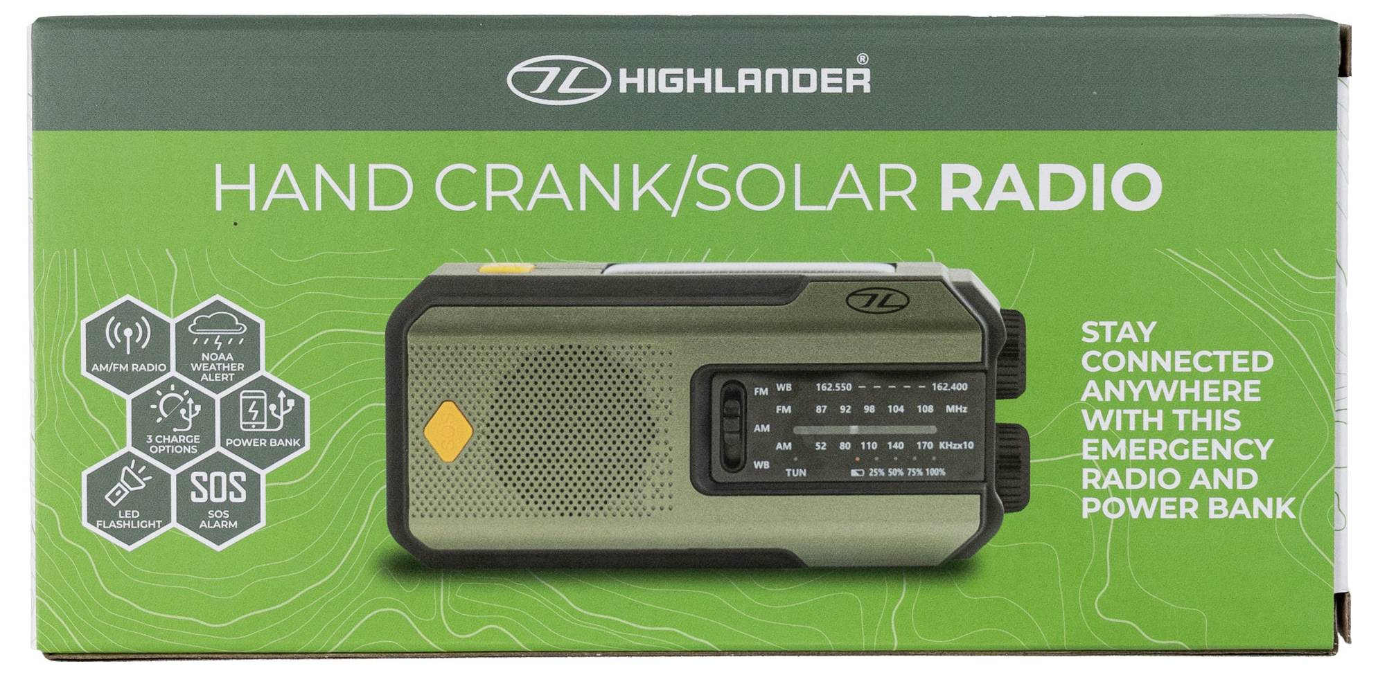 Eine grüne Box, die ein Notfall-Handkurbel-/Solarradio mit dem Text zeigt: „Bleiben Sie überall mit diesem Notfallradio und dieser Powerbank verbunden.