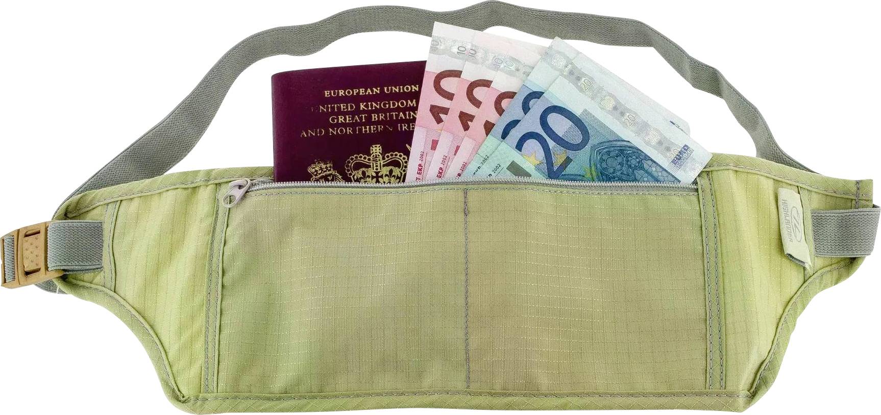 Ein Reisegeldgürtel mit einem Reisepass und verschiedenen Euro-Banknoten.