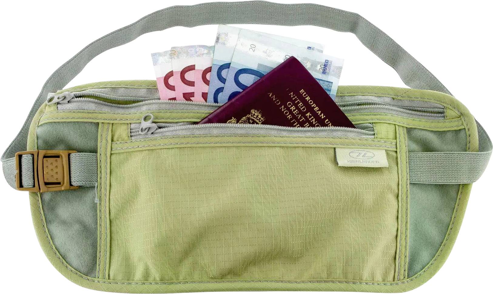 Ein Geldgürtel mit einer Reißverschlusstasche, die einen Pass und verschiedene Euroscheine enthält, was auf Reisen oder sichere Währungslagerung hindeutet.