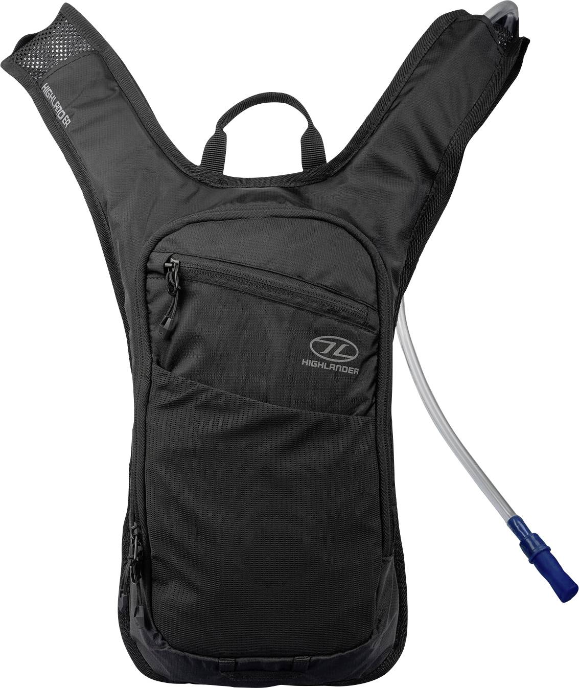 Ein schwarzer Hydrations-Rucksack mit einer vorderen Reißverschlusstasche und einem Trinkschlauch, der von der Seite herausragt, geeignet für Outdoor-Aktivitäten.