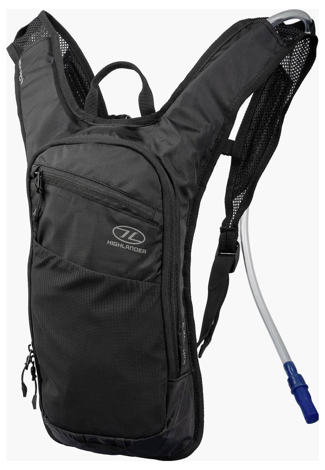 Schwarzer Hydrations-Rucksack mit zwei Schultergurten, Mesh-Details und blauem Trinkschlauch. Logos „TL