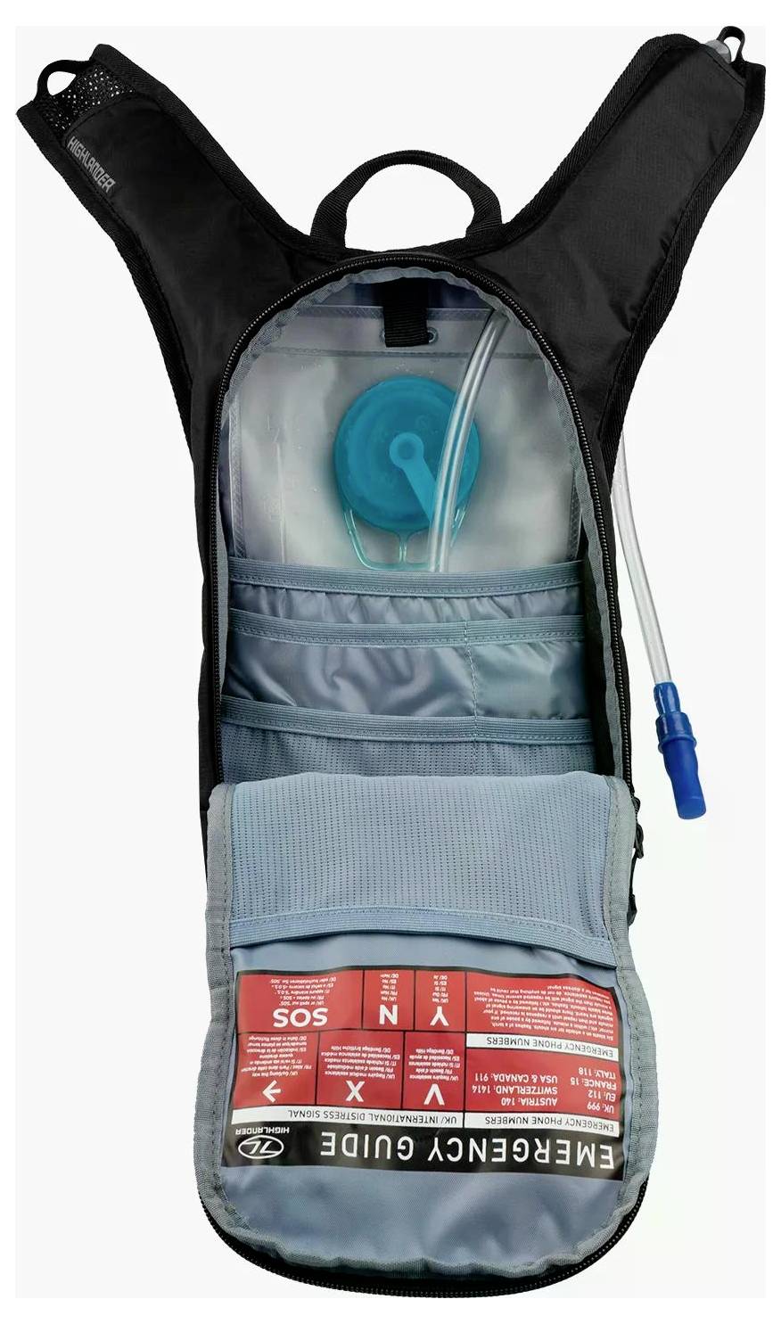 Ein schwarzer Rucksack mit einem transparenten Wasserbehälter und einem Trinkschlauch im Inneren. Ein 