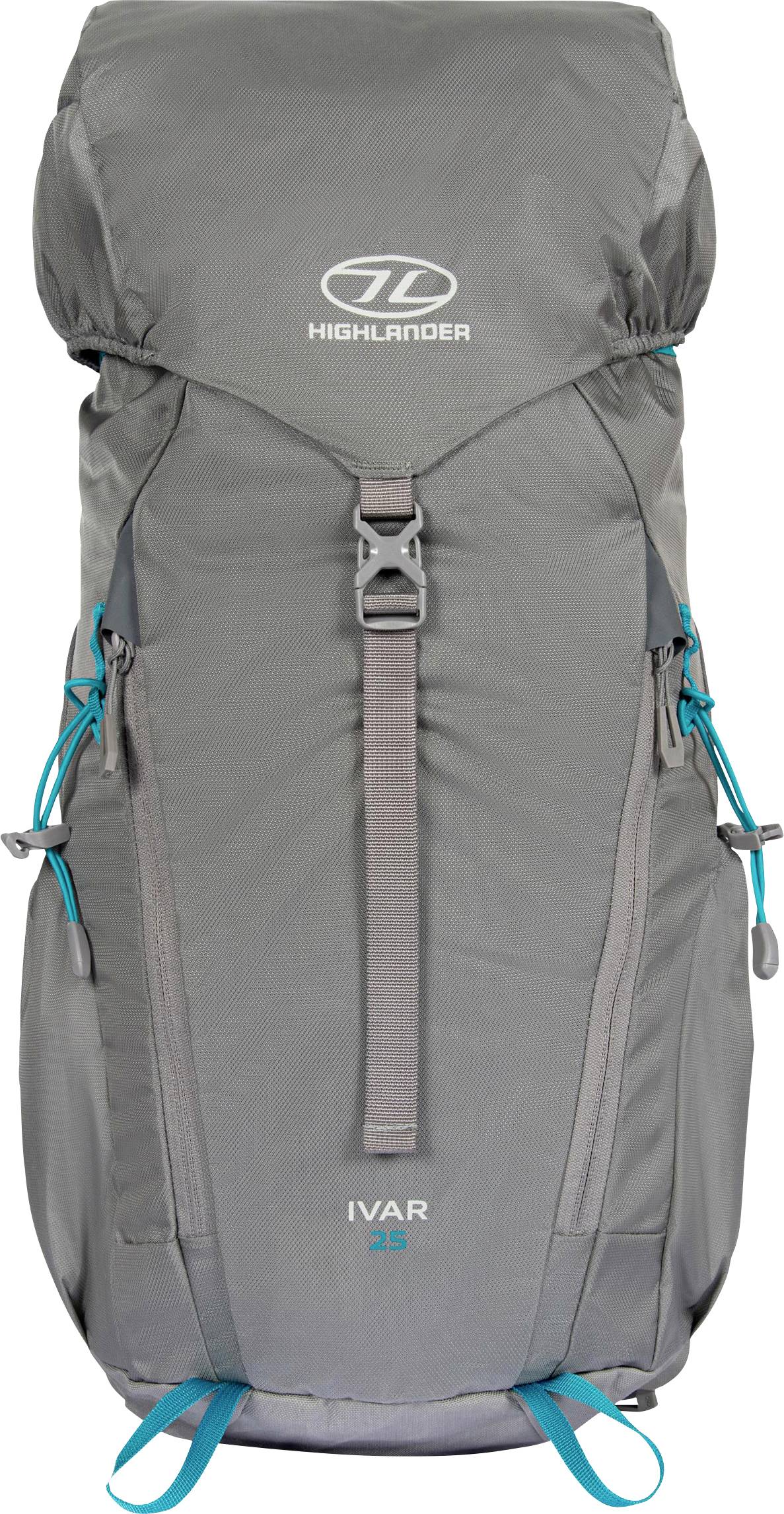 Ein grauer Highlander-Rucksack mit blauen Akzenten, ausgestattet mit einer Dachklappe, verstellbaren Riemen und einer vorderen Schnalle.