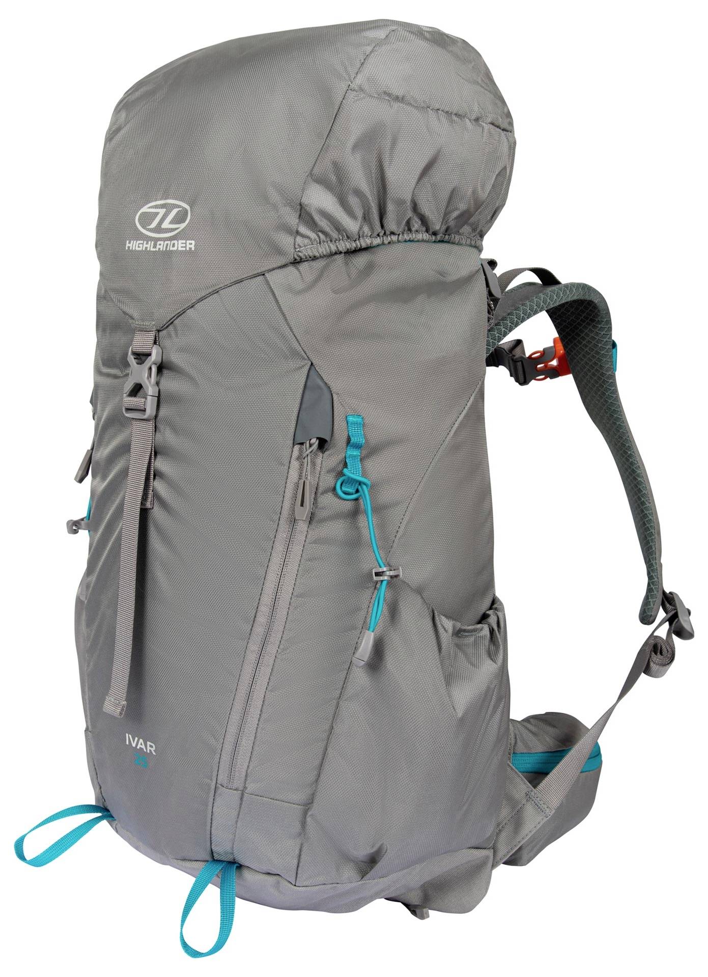 Ein grauer Wanderrucksack mit türkisen Akzenten, ausgestattet mit mehreren Reißverschlussfächern und verstellbaren Schultergurten.