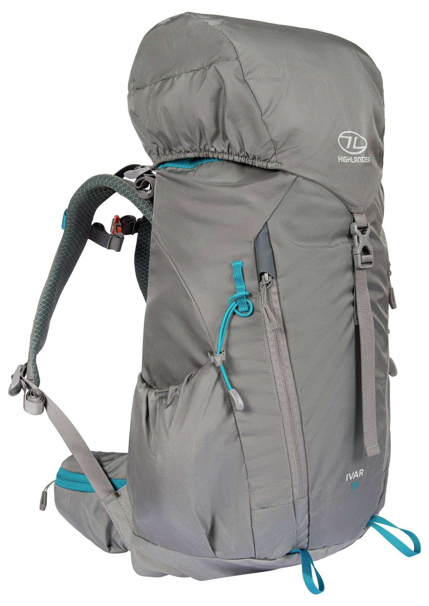 Ein grauer Wanderrucksack mit türkisen Akzenten, ausgestattet mit mehreren Fächern und verstellbaren Trägern. Ideal für Outdoor-Abenteuer.