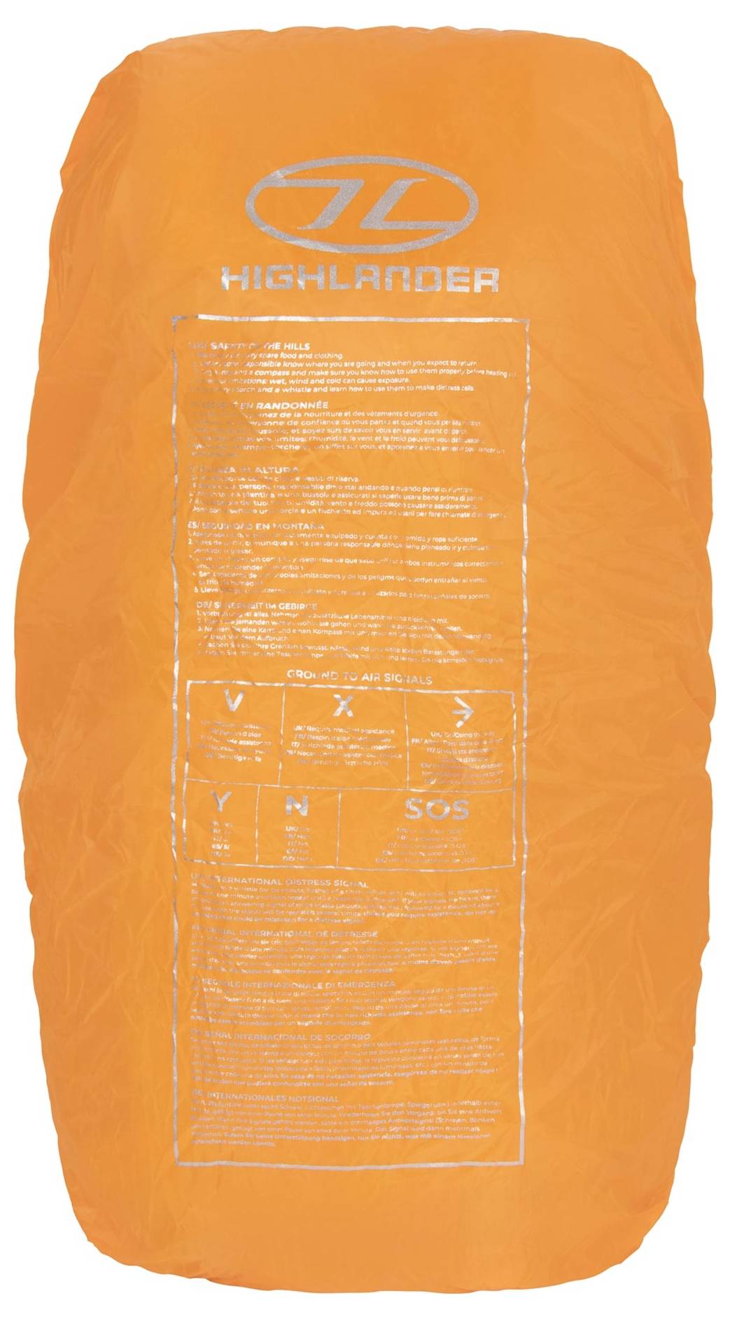 Ein orangefarbener wasserdichter Rucksackregenschutz mit gedruckten Anweisungen und dem Logo 