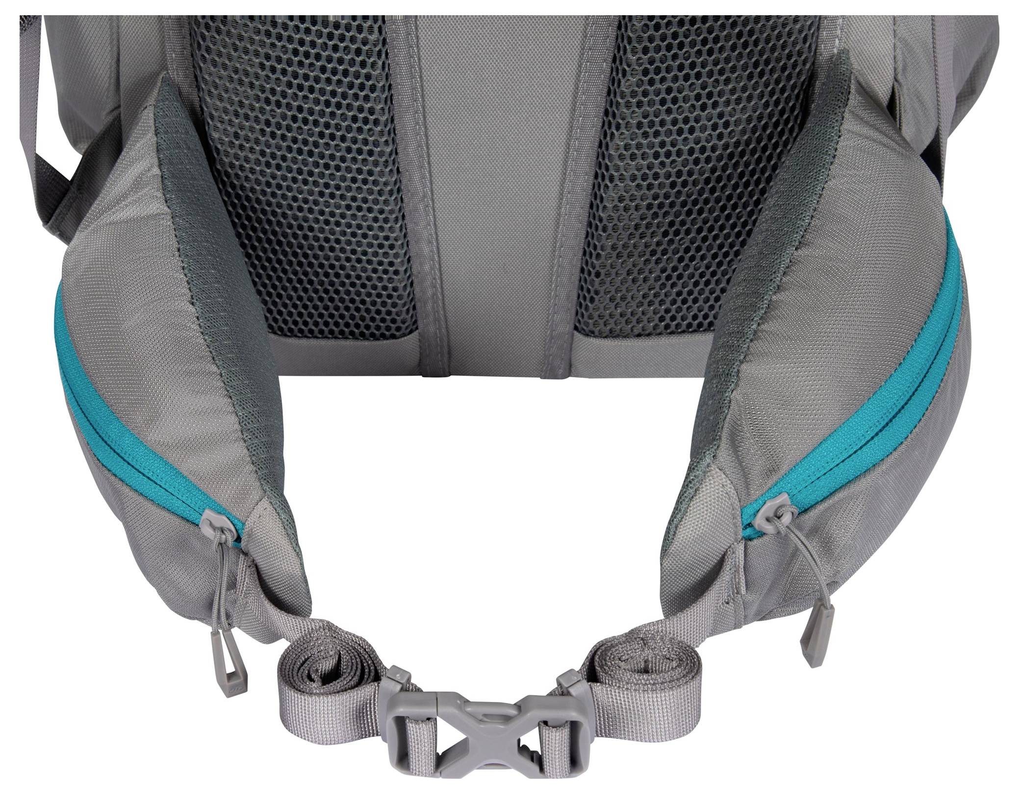 Graue Rucksackriemen und Hüftgurt mit blauen Akzenten und verstellbarer Schnalle, mit Netzpolsterung für Komfort und Belüftung.