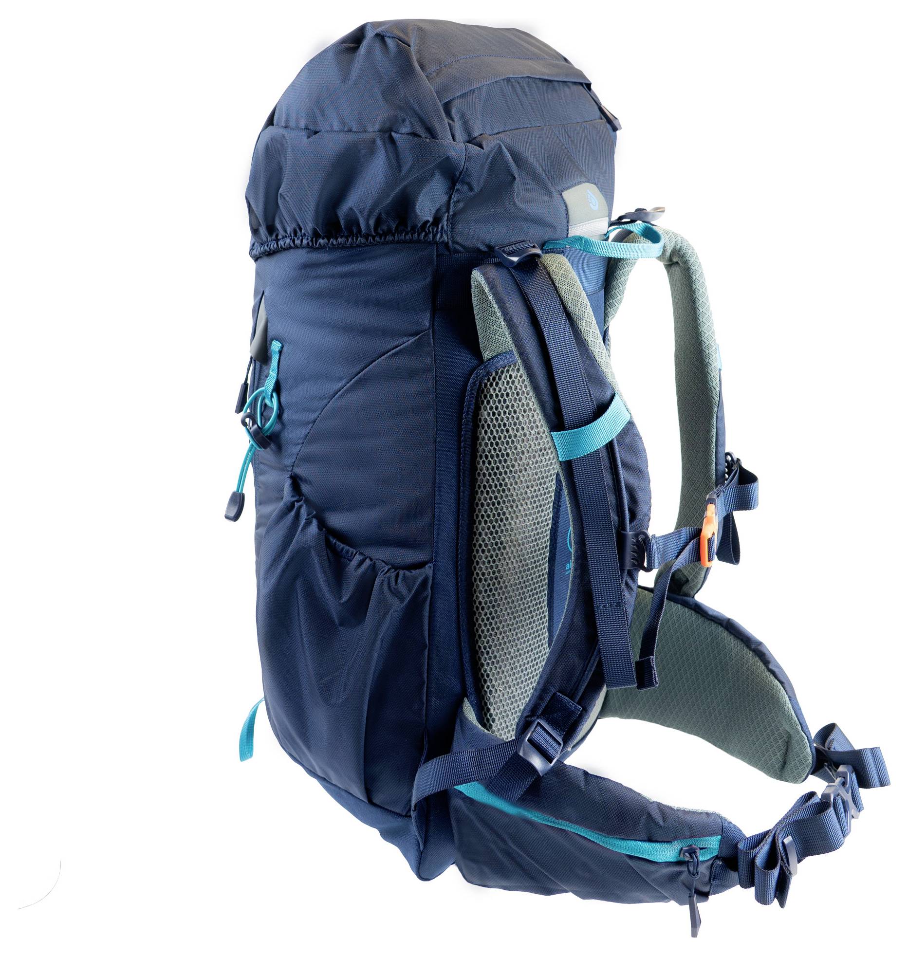 Ein dunkelblauer Wander-Rucksack mit mehreren Fächern, verstellbaren Gurten und Mesh-Belüftung. Enthält Schnallen und Seitentaschen.