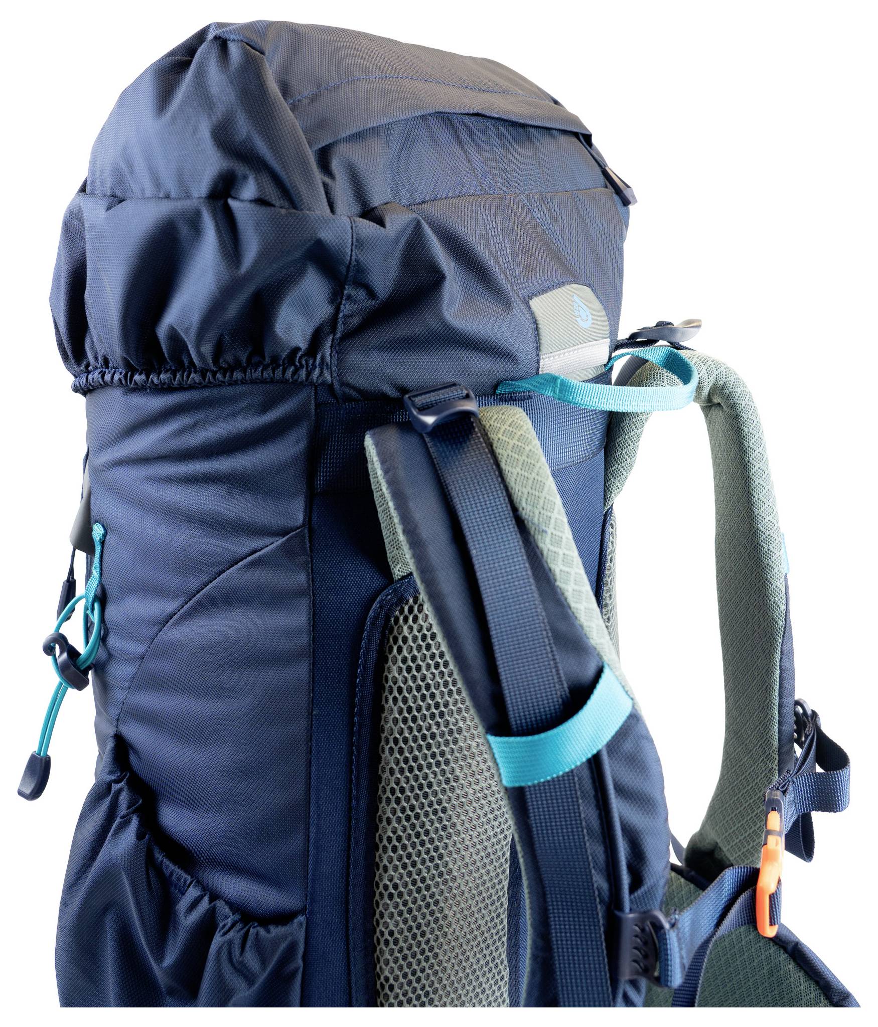 Ein dunkelblauer Wanderrucksack mit mehreren Riemen, einem oberen Fach und zwei Seitentaschen, der für Outdoor-Aktivitäten konzipiert ist.