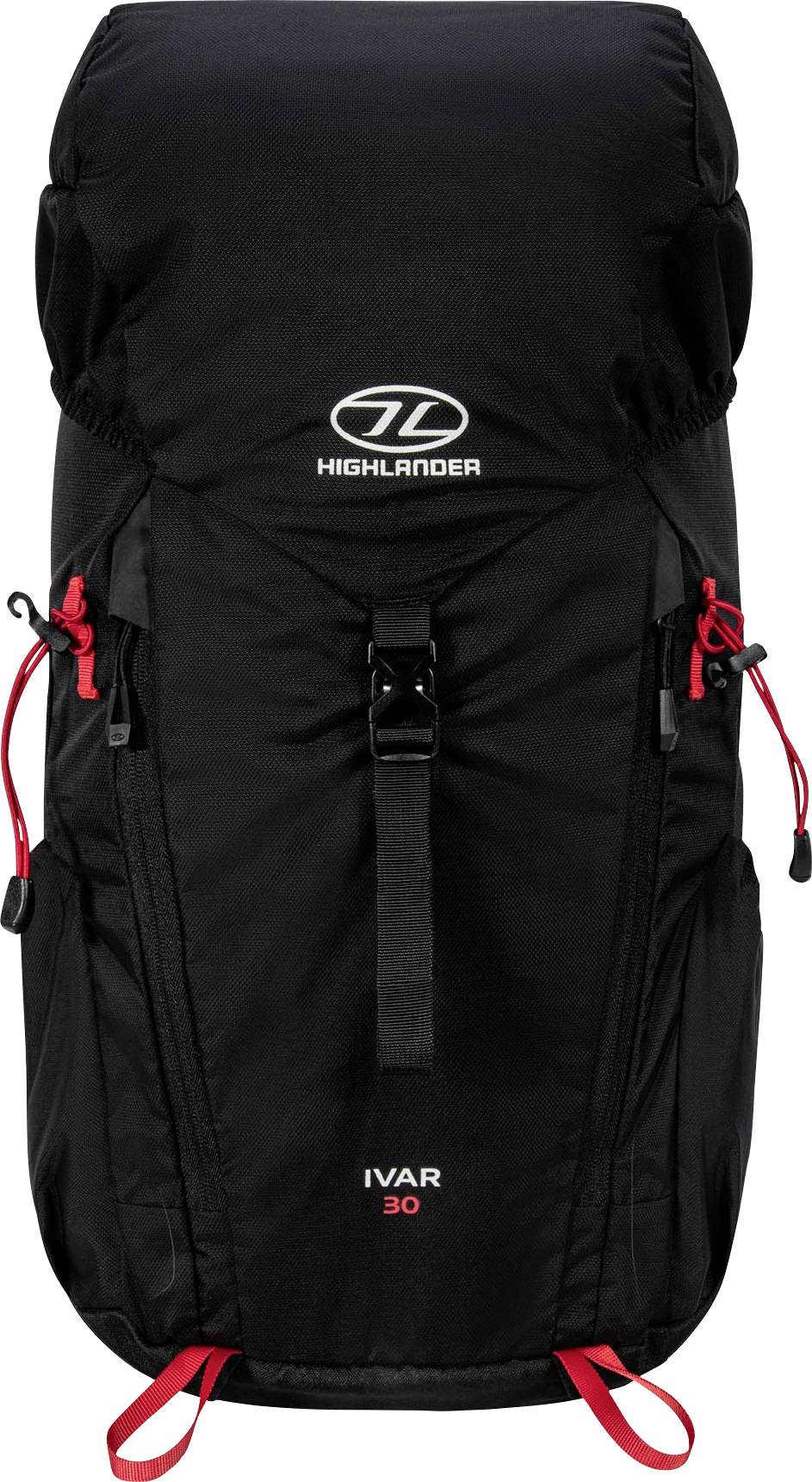 Ein schwarzer Wanderrucksack mit roten Akzenten, mit dem 