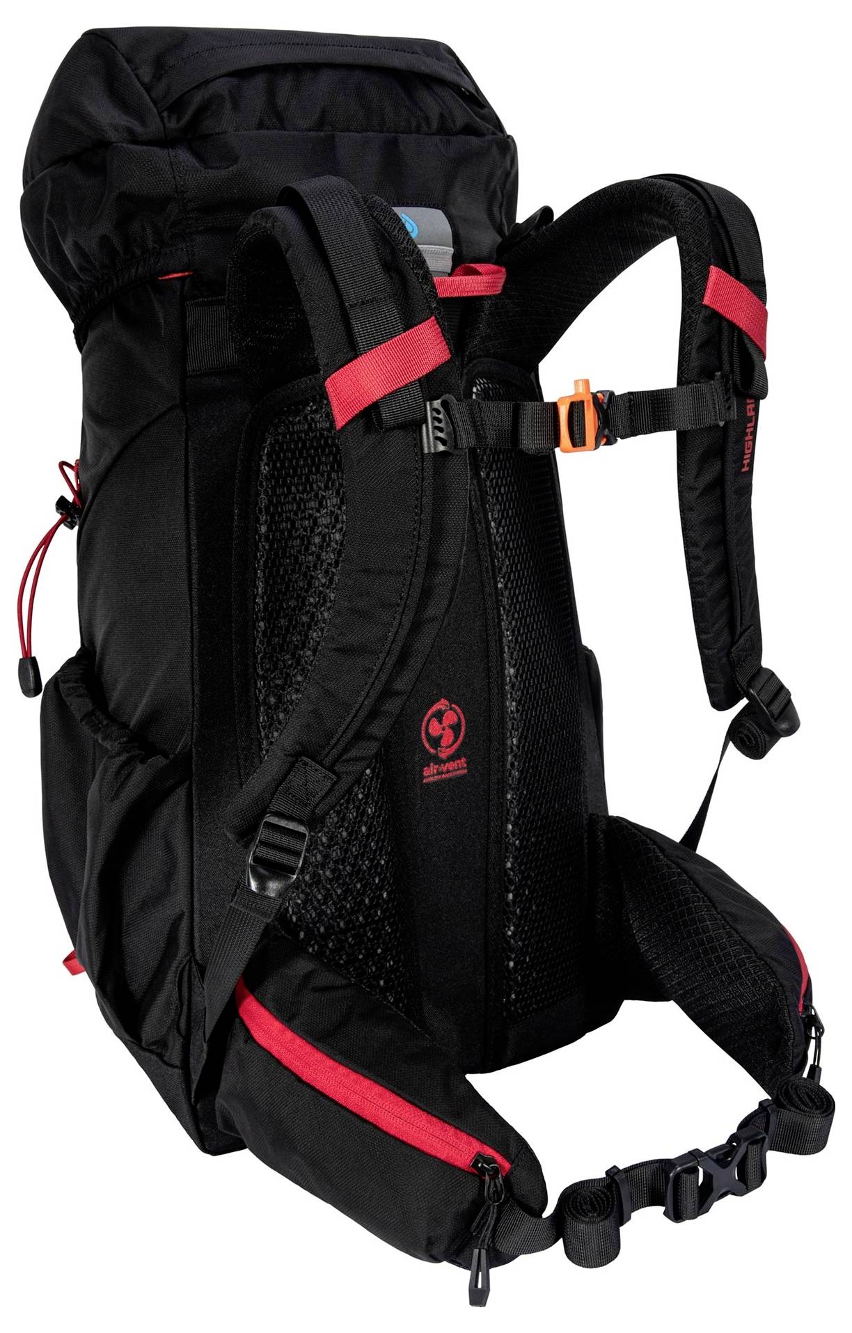 Ein schwarzer Wanderrucksack mit roten Akzenten, ausgestattet mit gepolsterten Schultergurten, einer Brustschnalle und mehreren Fächern zur Aufbewahrung.