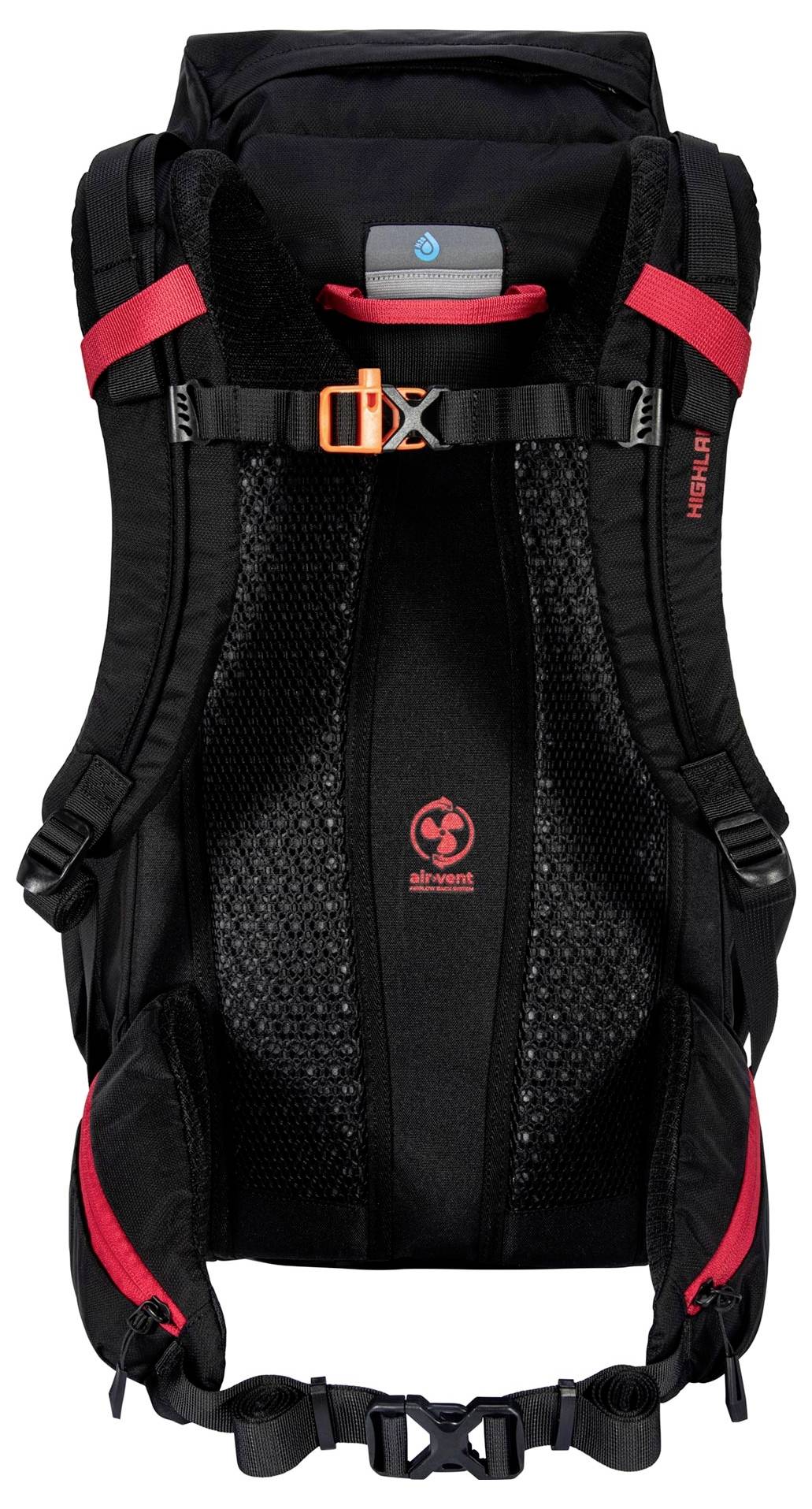 Ein schwarzer und roter Rucksack, von hinten gezeigt, mit gepolsterten Schultergurten, einem verstellbaren Brustgurt und einem atmungsaktiven Mesh-Rückenpanel.