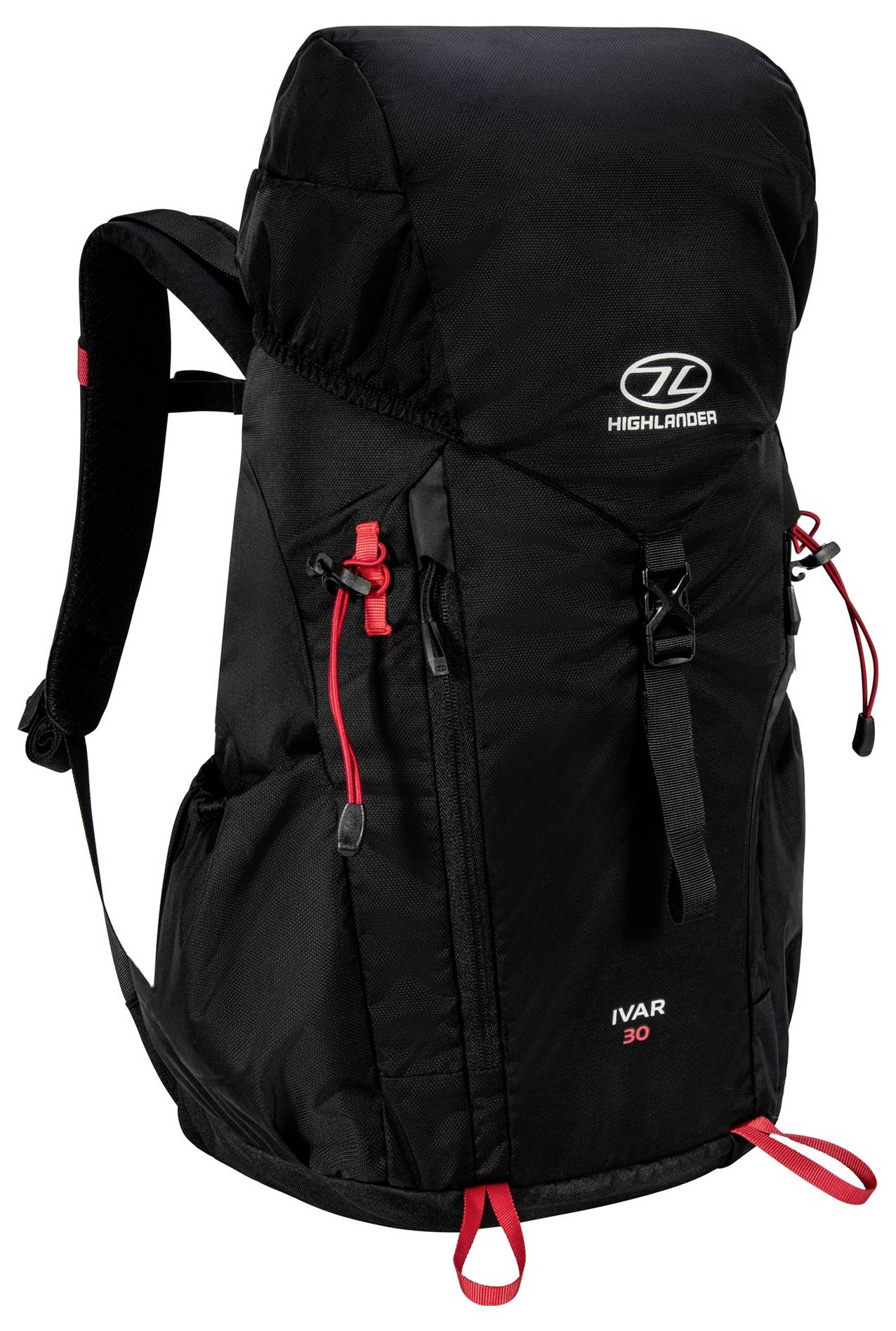 Ein schwarzer Wanderrucksack mit roten Akzenten, mit sichtbaren Seitentaschen und einer oberen Klappe. Das Markenlogo lautet „Highlander