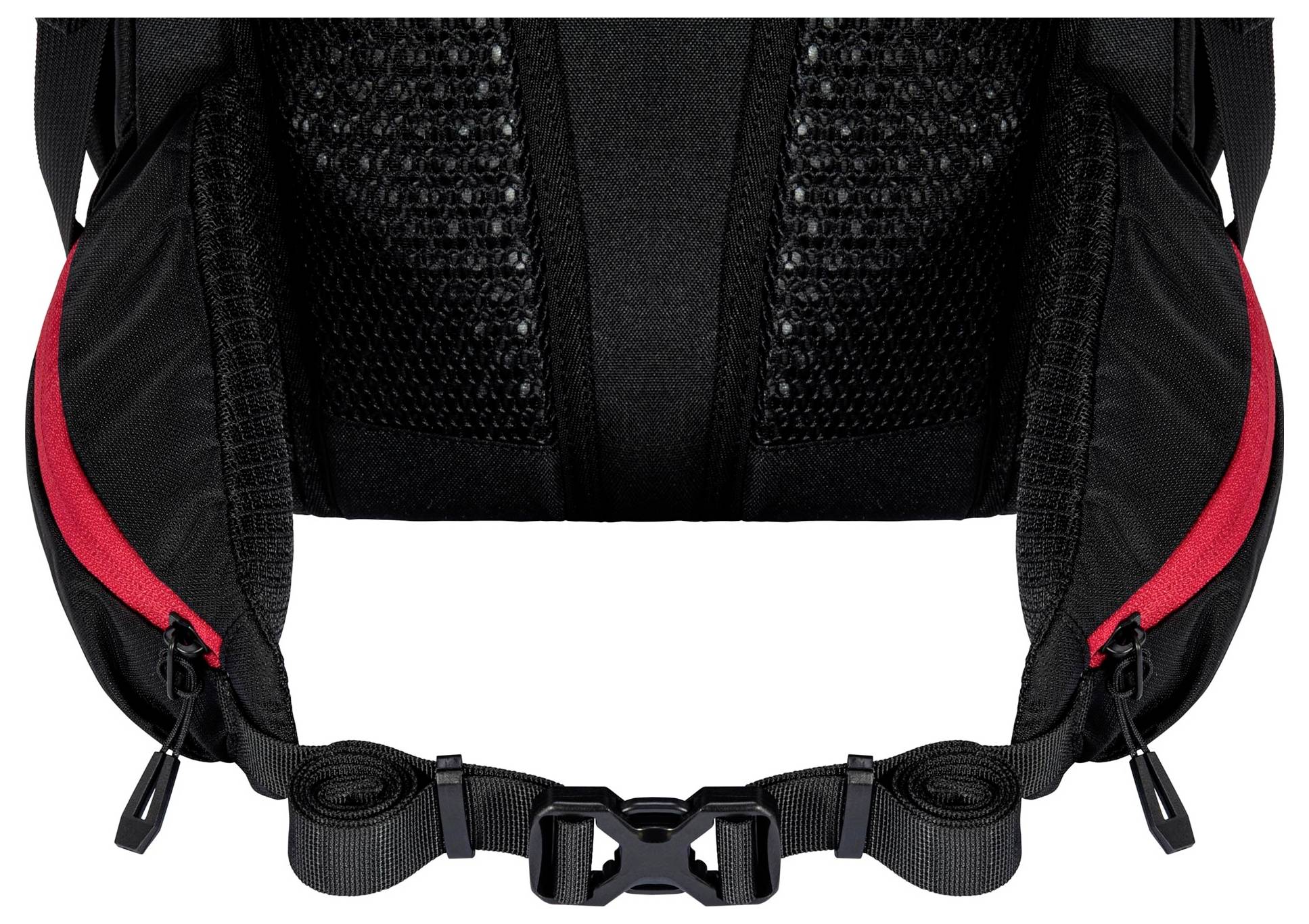 Eine Nahaufnahme der Rückseite eines Rucksacks, die verstellbare Schultergurte mit schwarzer Netzpolsterung und roten Akzenten zeigt.