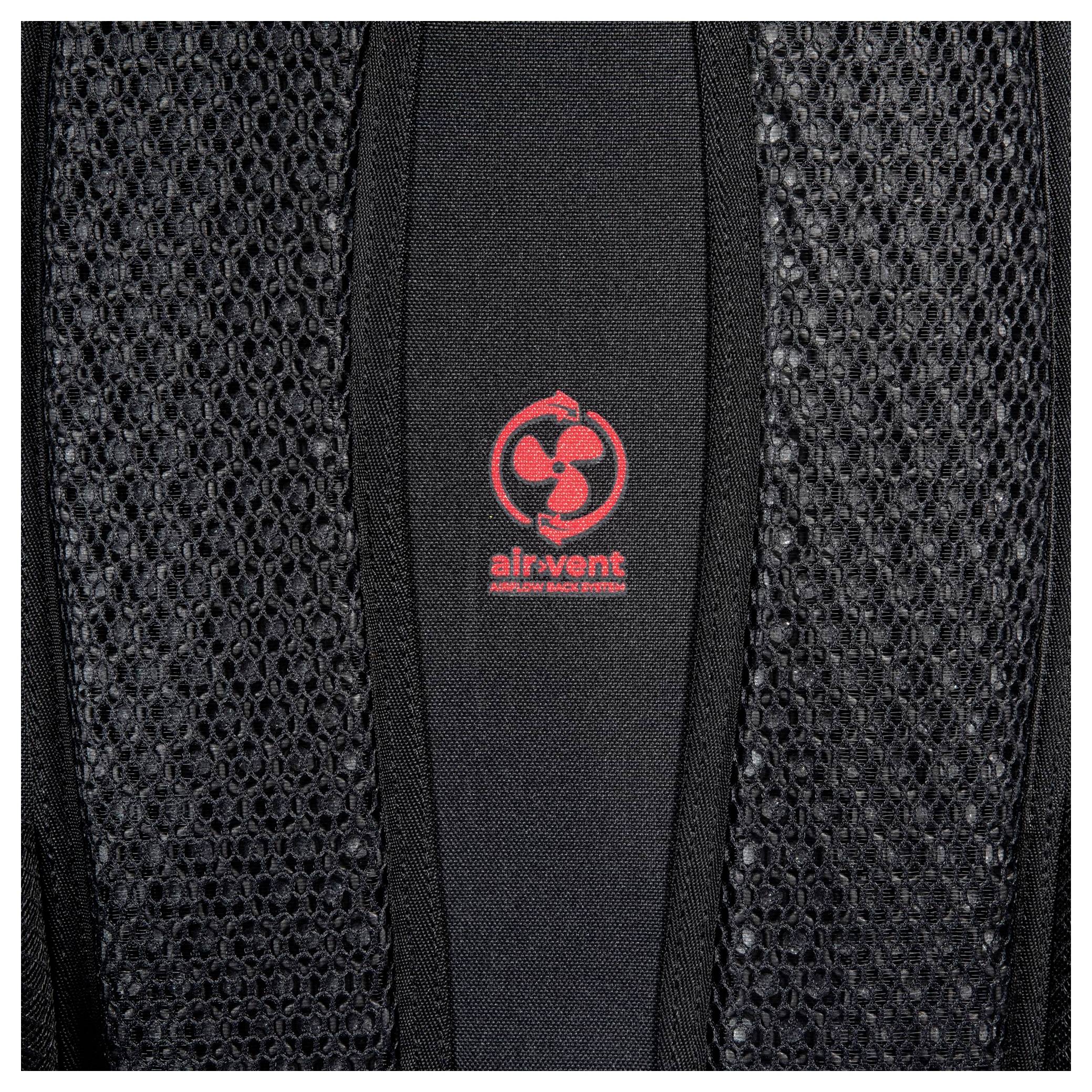 Ein strukturiertes schwarzes Gewebe mit einem zentralen Muster und einem roten „Airvent
