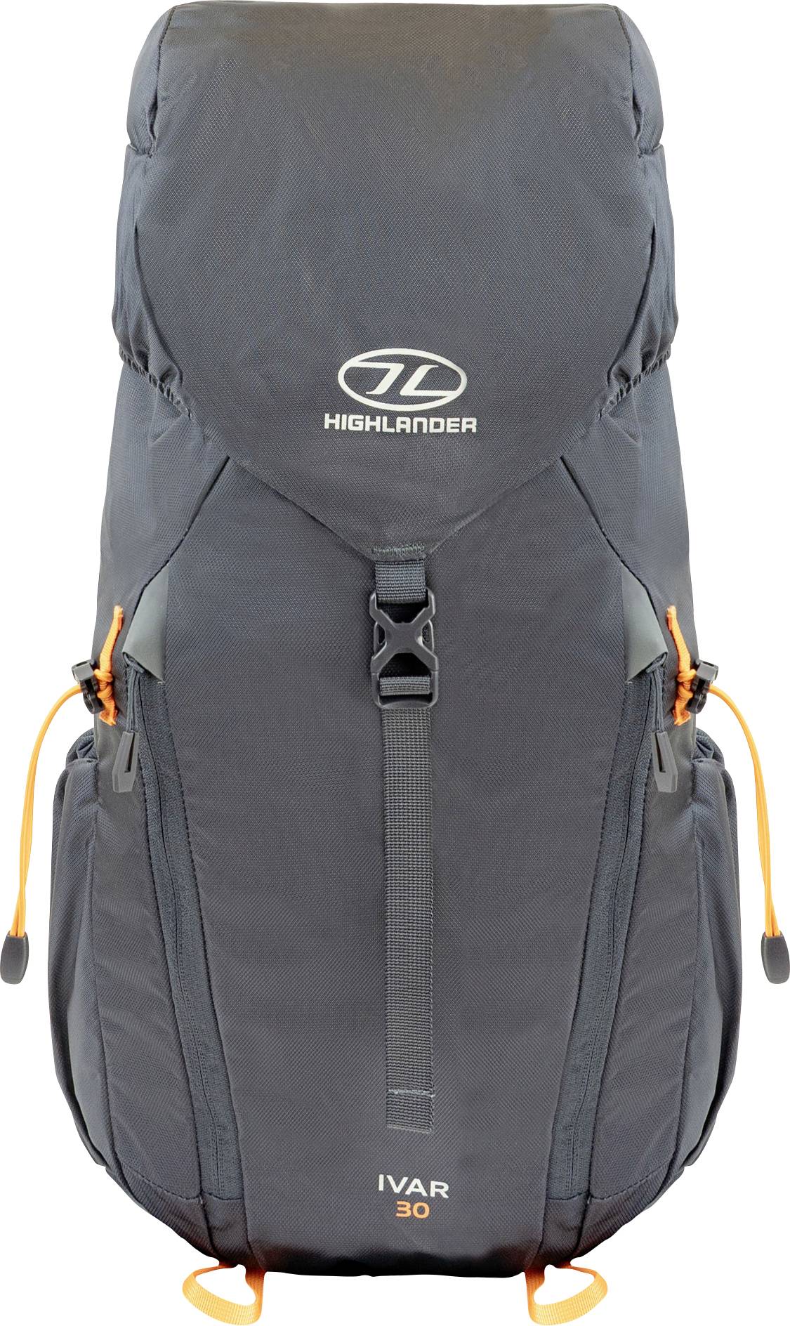 Ein grauer Rucksack mit orangefarbenen Akzenten, mit einem Logo oben und 
