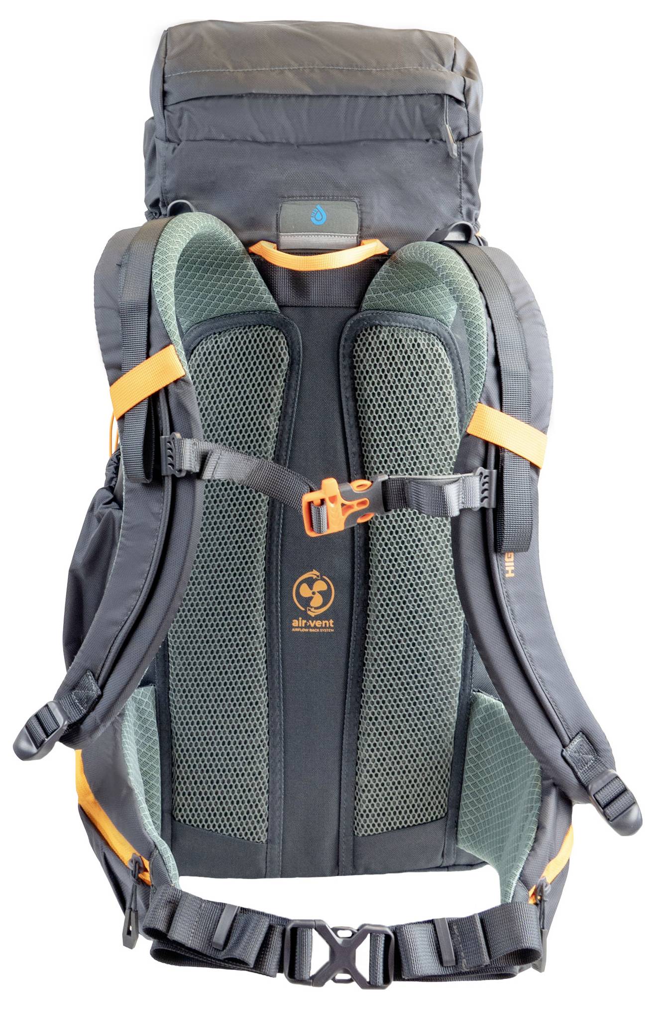 Schwarz-grauer Rucksack mit orangefarbenen Riemen, mit gepolstertem Rücken und Schulterstützen zum Wandern oder Reisen.