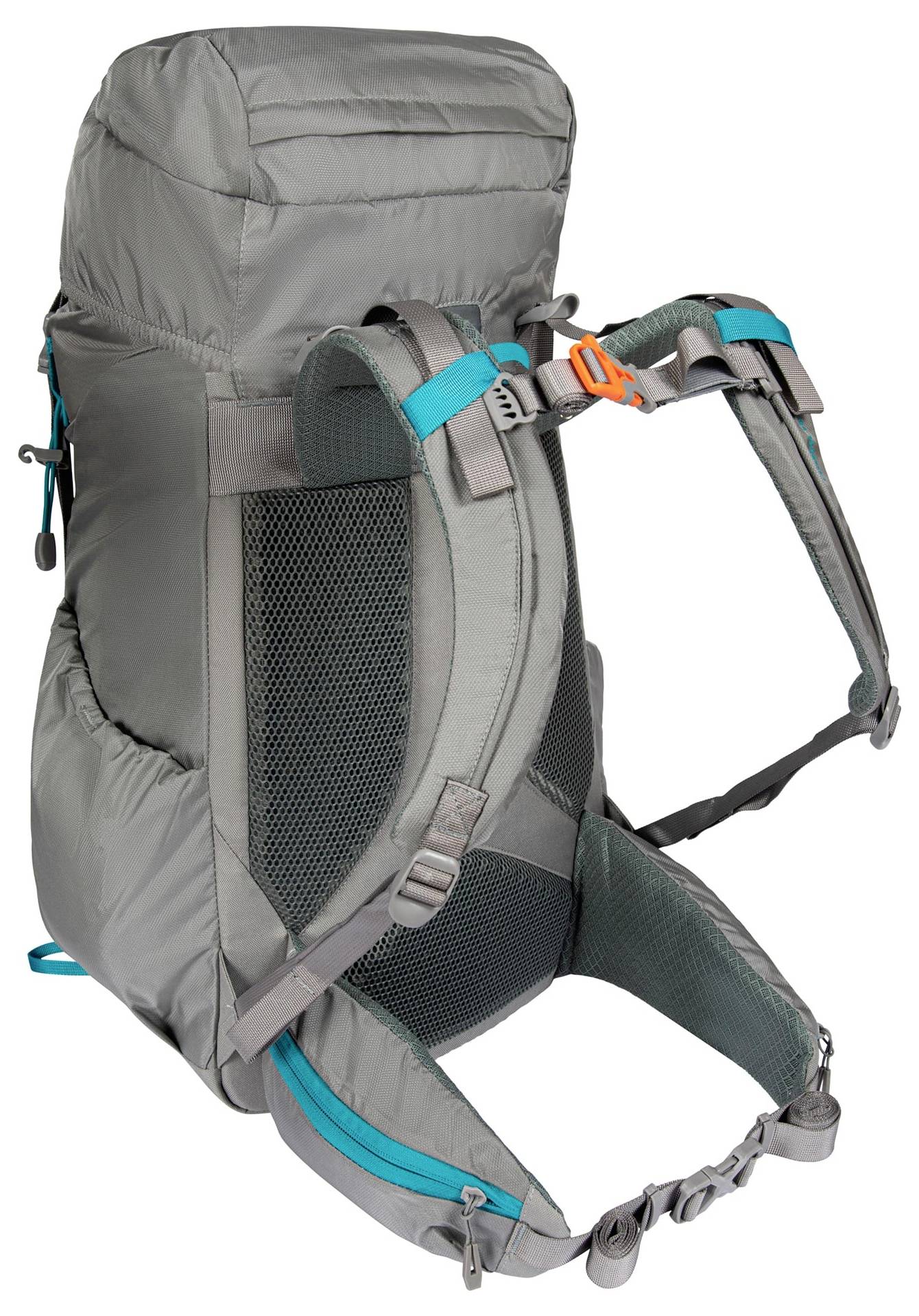 Ein grauer Wanderrucksack mit blauen Akzenten verfügt über verstellbare Schultergurte, gepolsterte Rückenstütze und ein oberes Fach für zusätzliche Aufbewahrung.