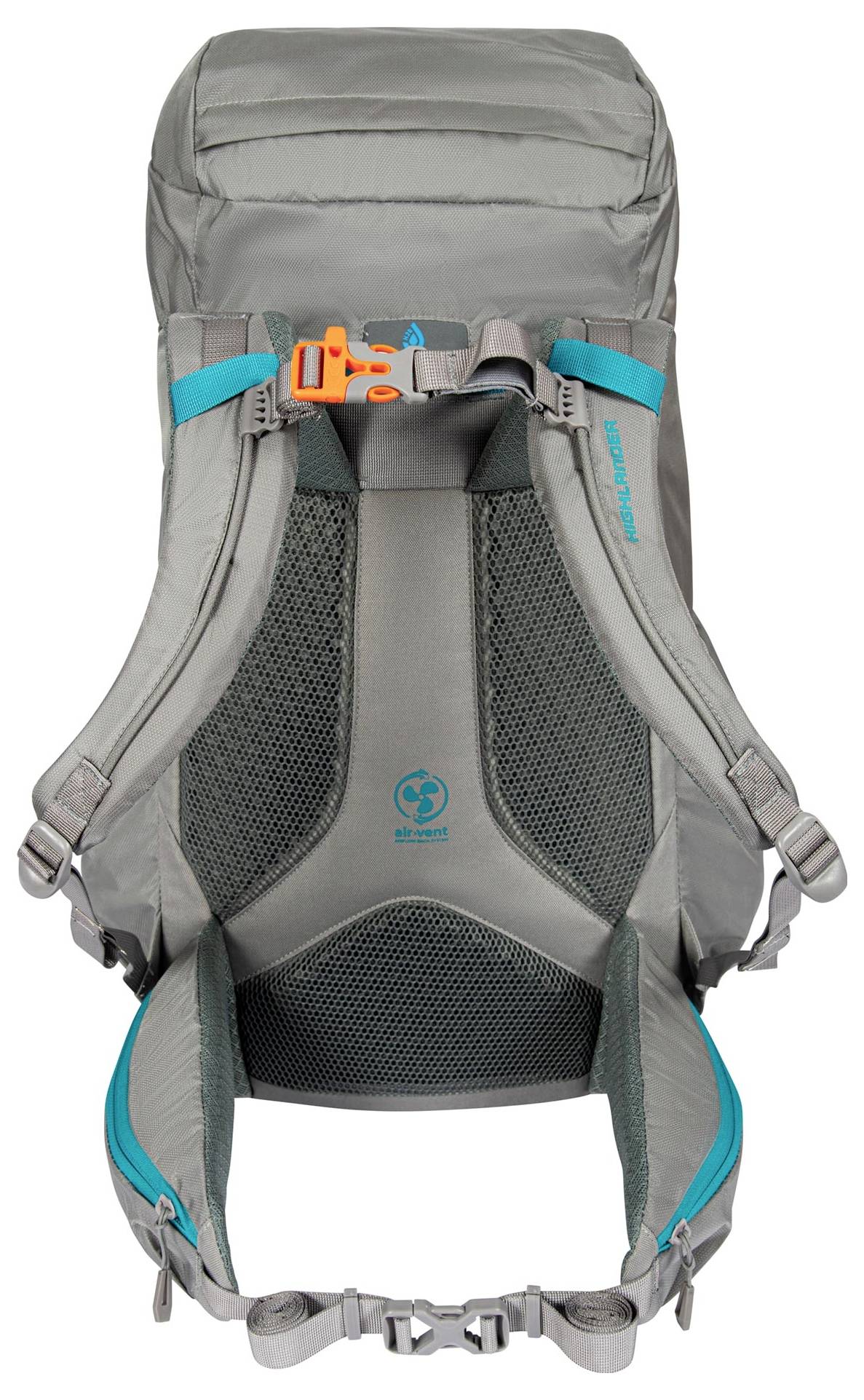 Grauer Wander-Rucksack mit verstellbaren Riemen, Mesh-Polsterung zur Belüftung und orangefarbener Schnalle. Geeignet für Outdoor-Aktivitäten.