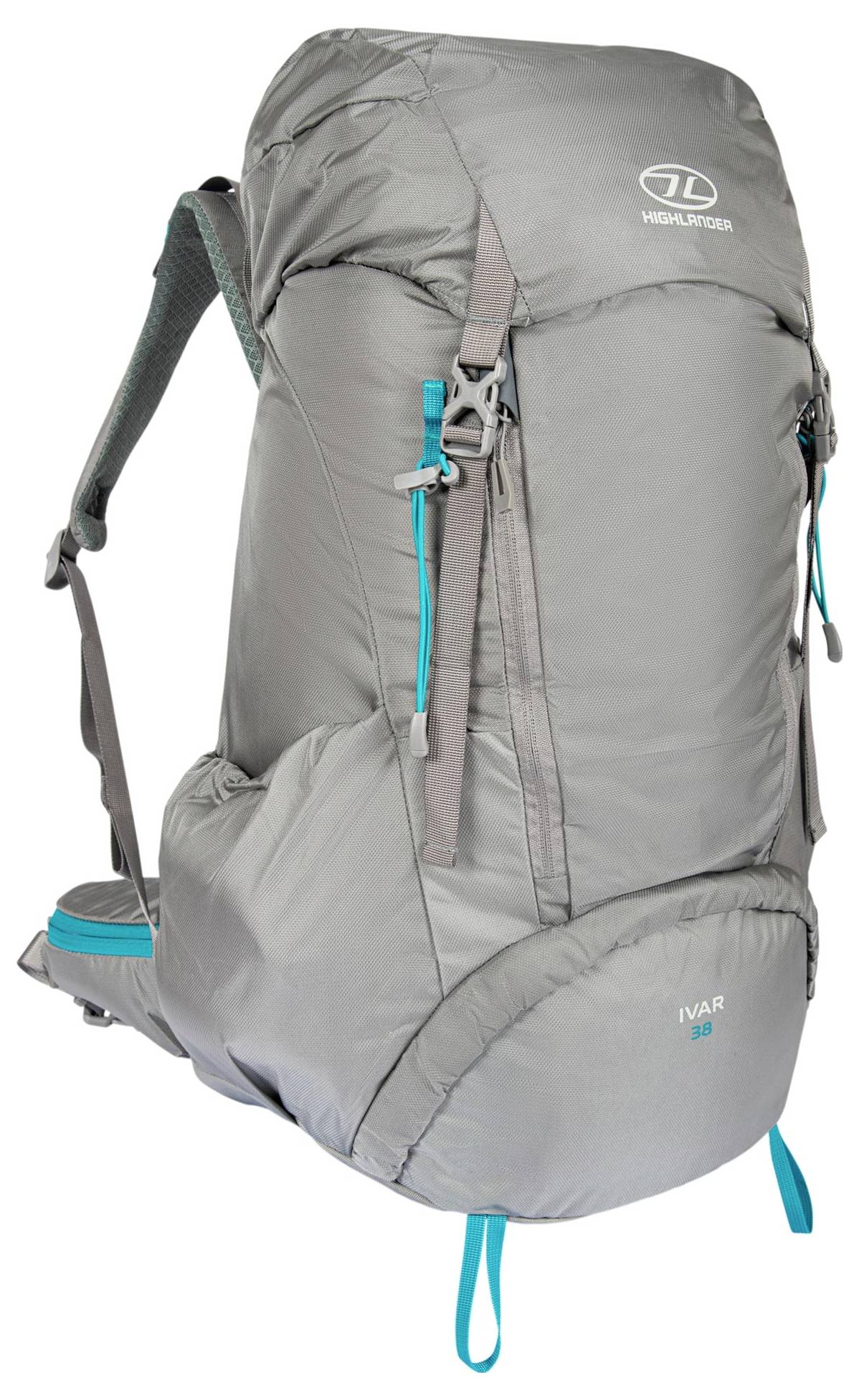 Ein grauer Wander-Rucksack mit hellblauen Akzenten und mehreren Fächern, konzipiert für Outdoor-Aktivitäten, mit gepolsterten Trägern und einem oberen Tragehenkel.