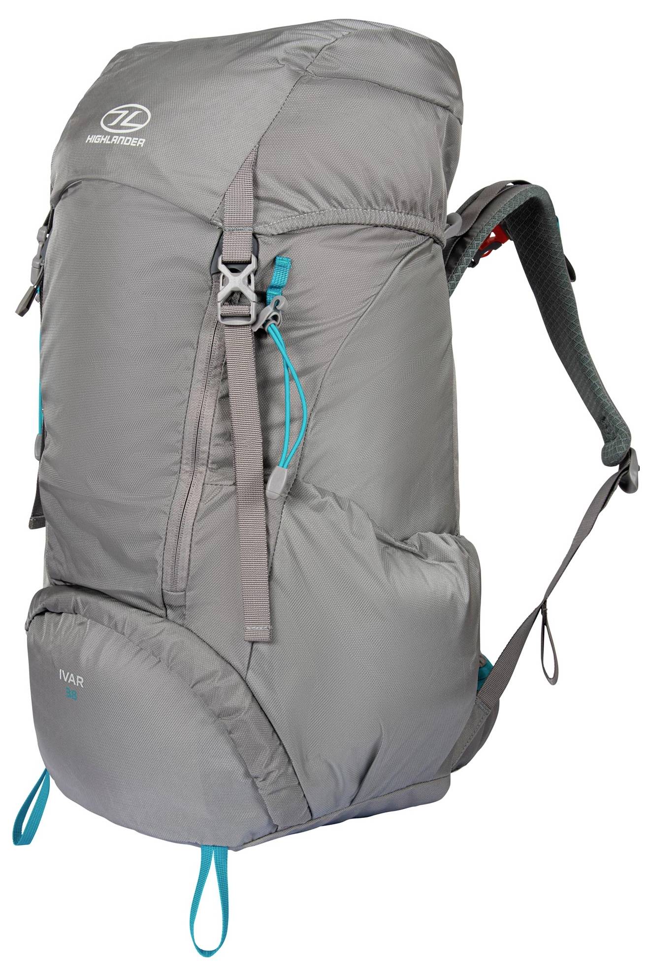 Ein grauer Wanderrucksack mit blauen Akzenten und verschiedenen Fächern, entworfen zum Wandern mit verstellbaren Riemen und Schnallen für Komfort.