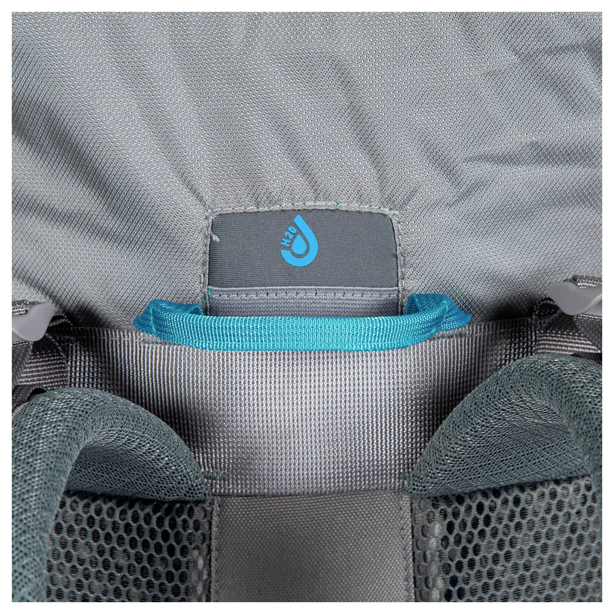 Nahaufnahme eines grauen und blaugrünen gepolsterten Wanderrucksacks mit einem Wassertropfen-Logo auf der Rückseite und atmungsaktiven Netzbereichen.