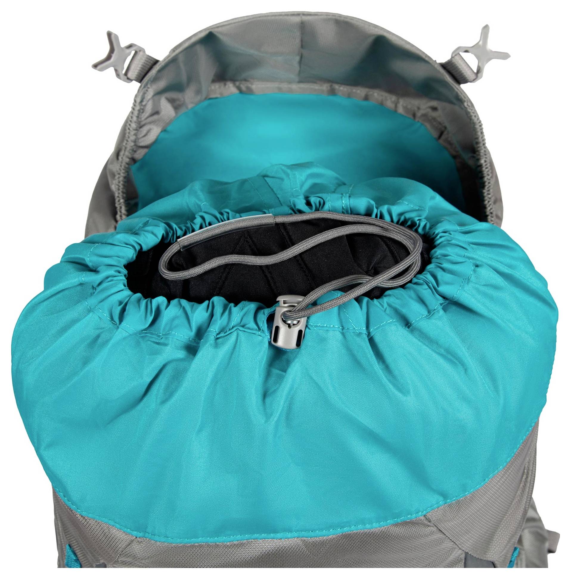 Ein offener türkisfarbener und grauer Rucksack mit Kordelzugverschluss, der das innere Fach zeigt.