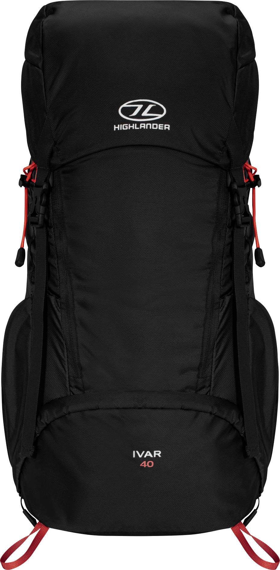 Schwarzer Highlander IVAR 40 Rucksack mit roten Akzenten, mit mehreren Riemen und Fächern.
