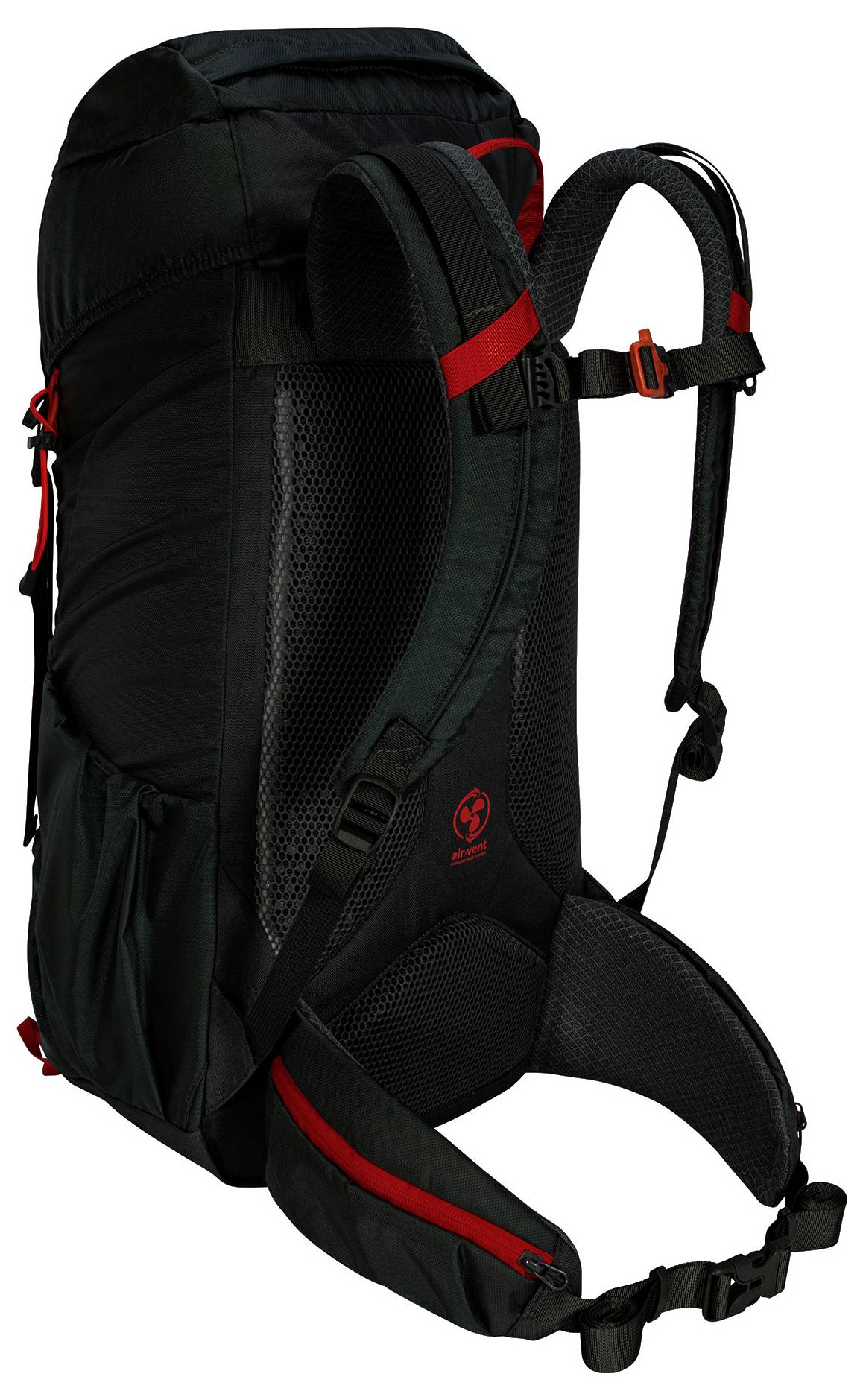 Ein schwarzer Wanderrucksack mit roten Akzenten, Mesh-Rückenseite und verstellbaren Schultergurten.