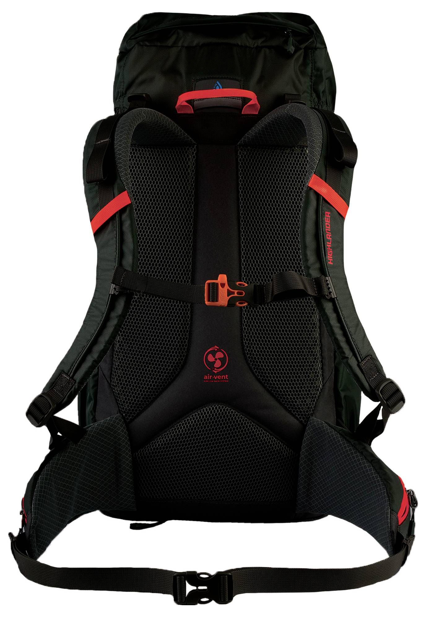 Eine Nahaufnahme eines grau-türkisen Rucksack-Hüftgurts mit einer Kunststoffschnalle, die seine Netzpolsterung zur Belüftung hervorhebt.